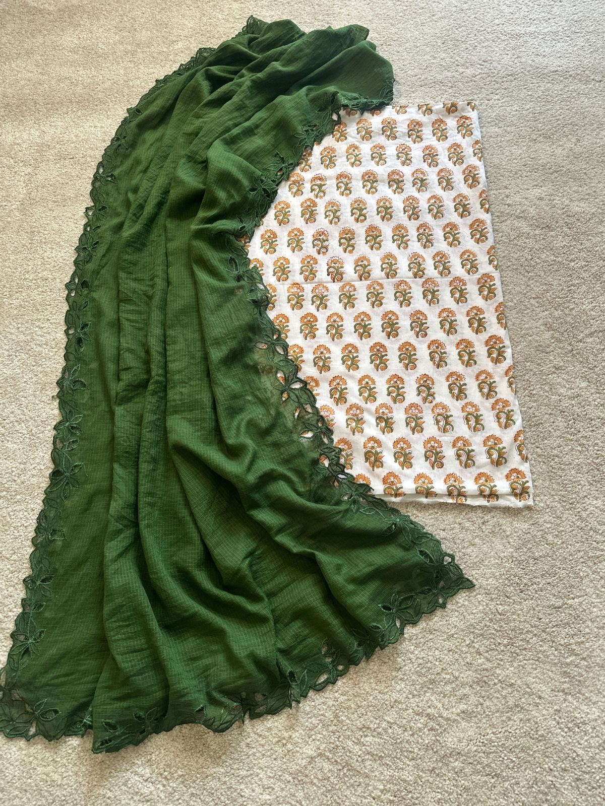 Dhara Set- Handblock Fabric with Cutwork Embroidered Dupatta