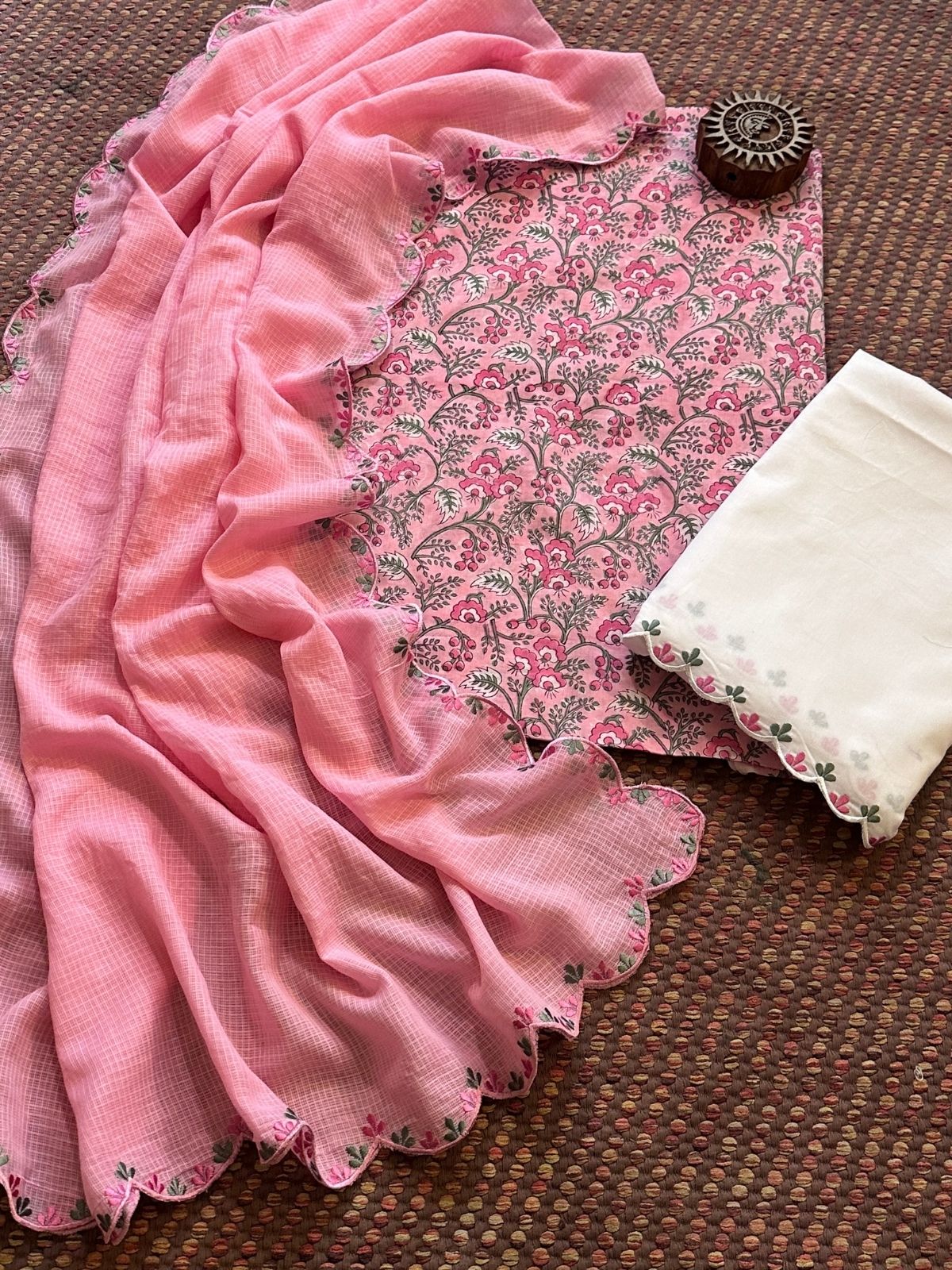 Pure Cotton Hand blocked Set with Embroidered Dupatta