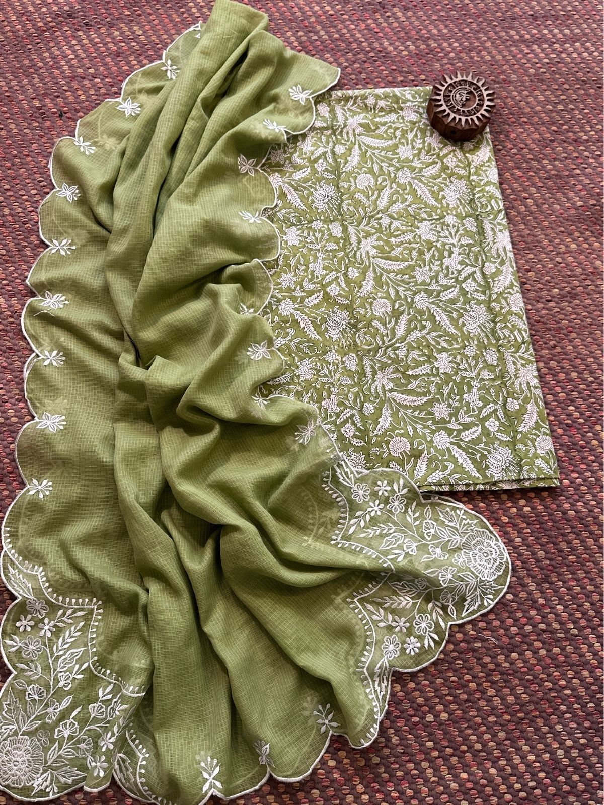 Pure Cotton Hand-blocked fabric set with Embroidered Dupatta