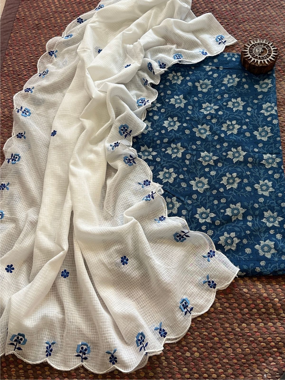 Pure Cotton Indigo Hand-block Fabric with Exclusive Embroidered Kota Doria Dupatta