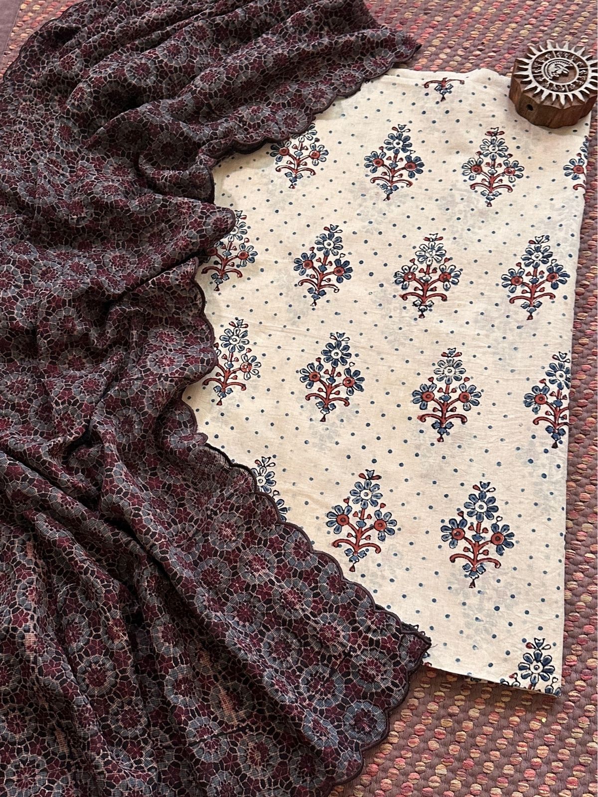 Ajrakh Cotton Malmal Handblocked Set- Top & Dupatta