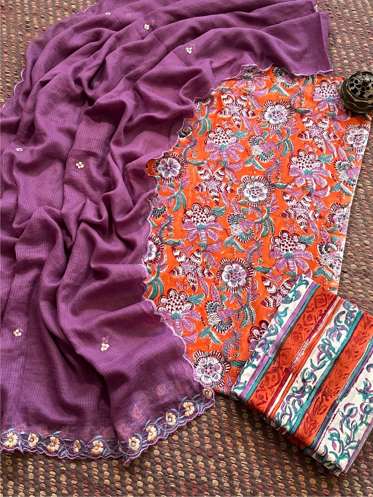 Pure Cotton Mul Hand-blocked Set with Embroidered Dupatta