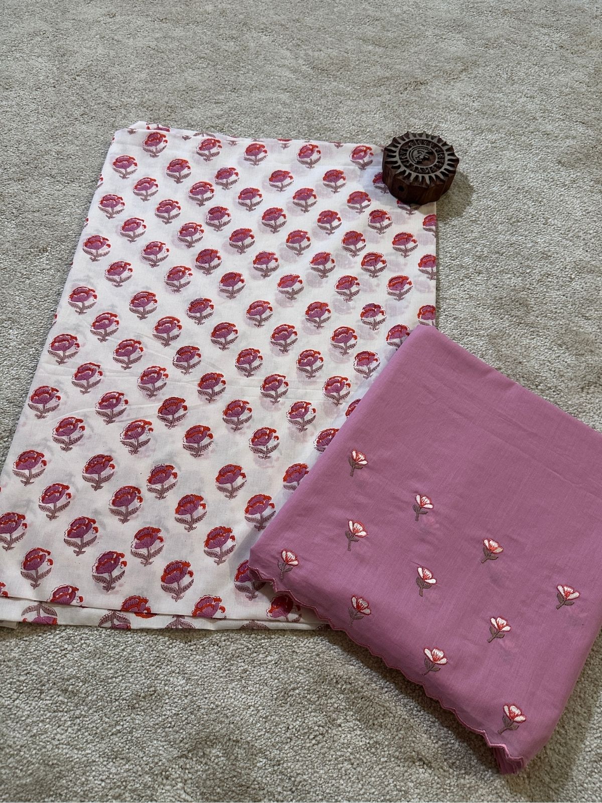 Pure Cotton Hand-blocked Fabric with Embroidered Bottom