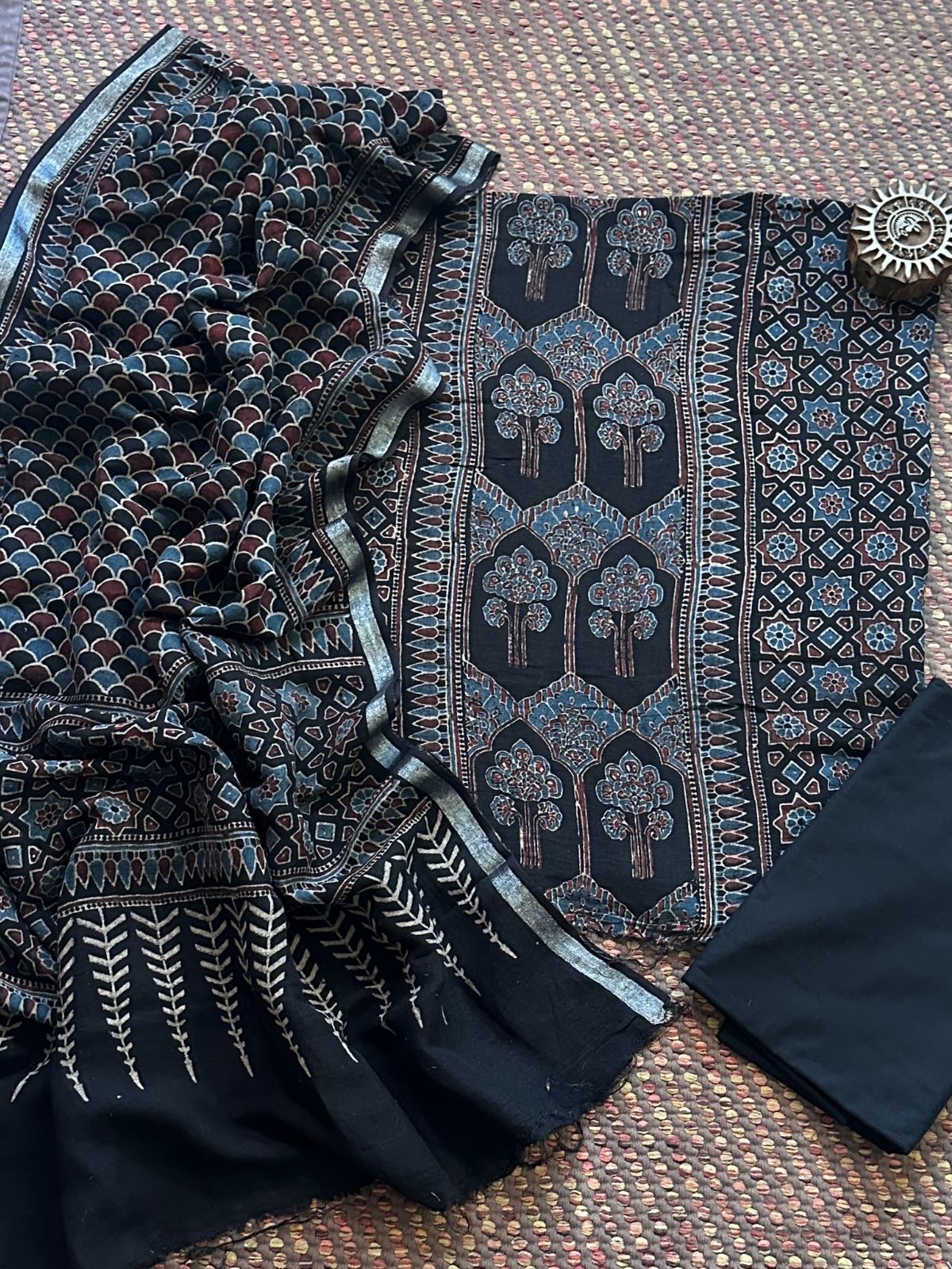 Linen Ajrakh Hand- Block Unstitched Set