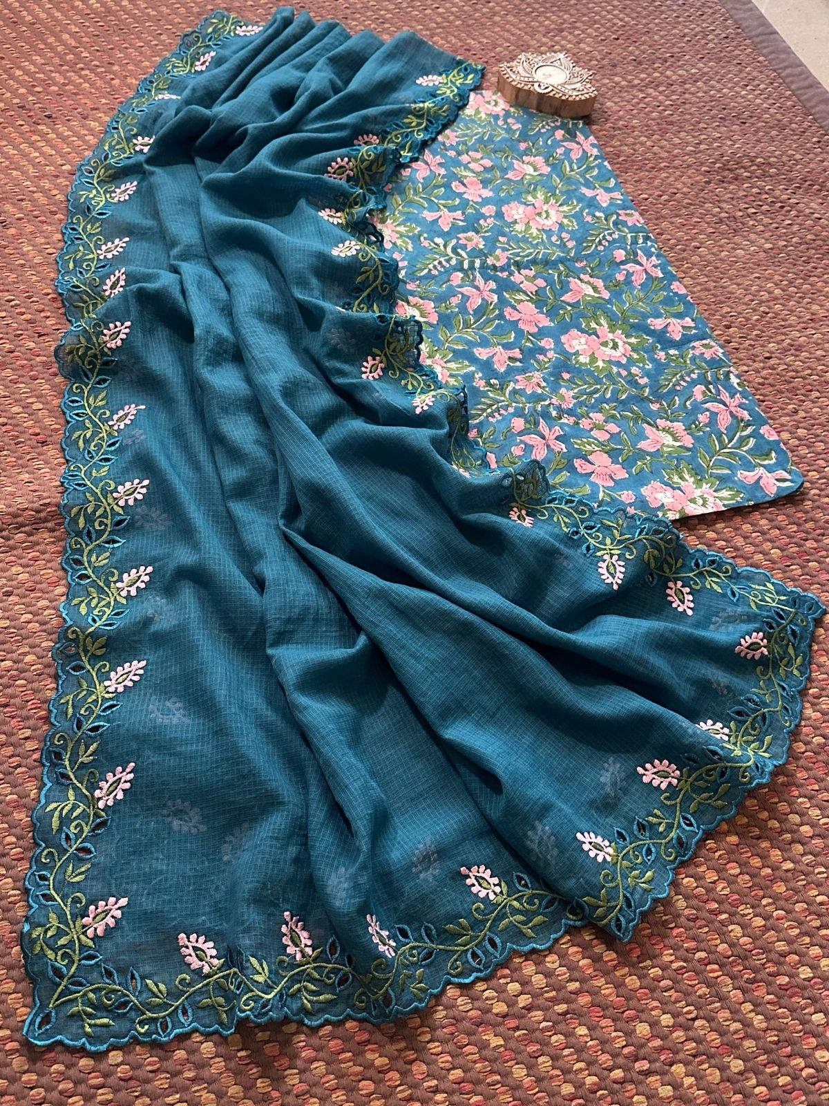 Pure Cotton Handblock Fabric with Cutwork Embroidered Dupatta