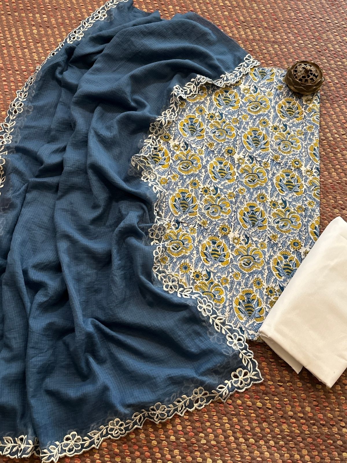 Pure Cotton Malmal Hand-block Fabric set with Cutwork Embroidered Kota Doria Dupatta