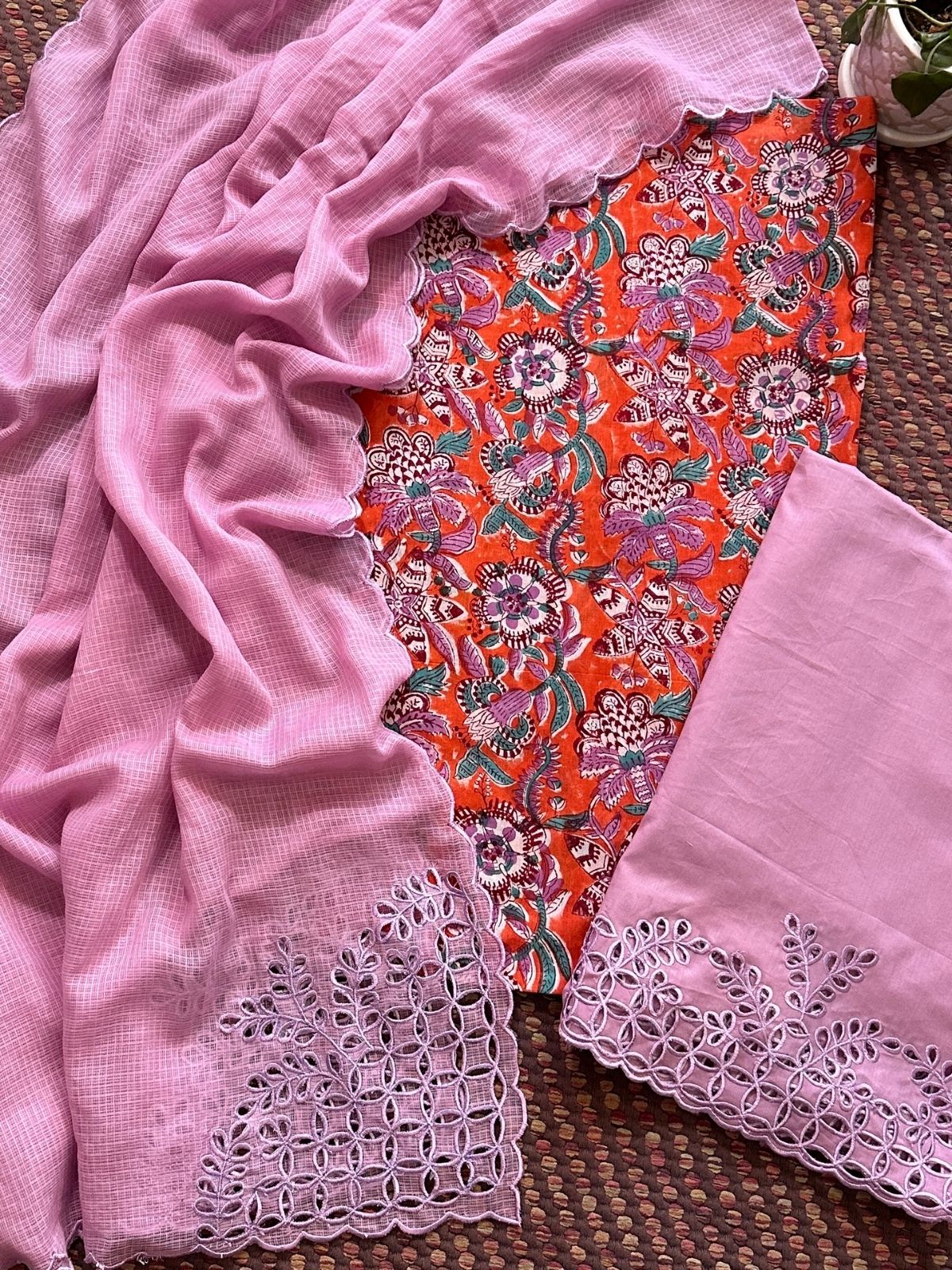 Pure Cotton Hand-blocked Fabric with Cutwork Bottom & Kota Doria Dupatta