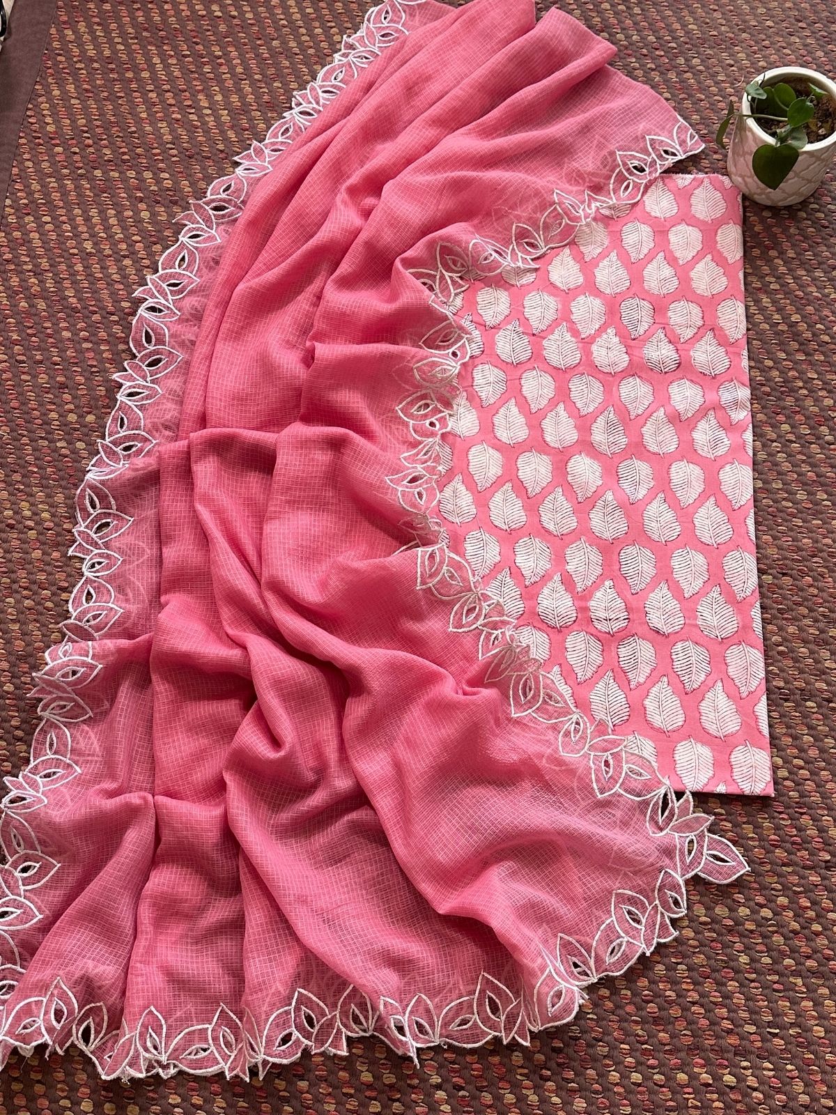 Pure Cotton Handblock Fabric with Cutwork Embroidered Dupatta