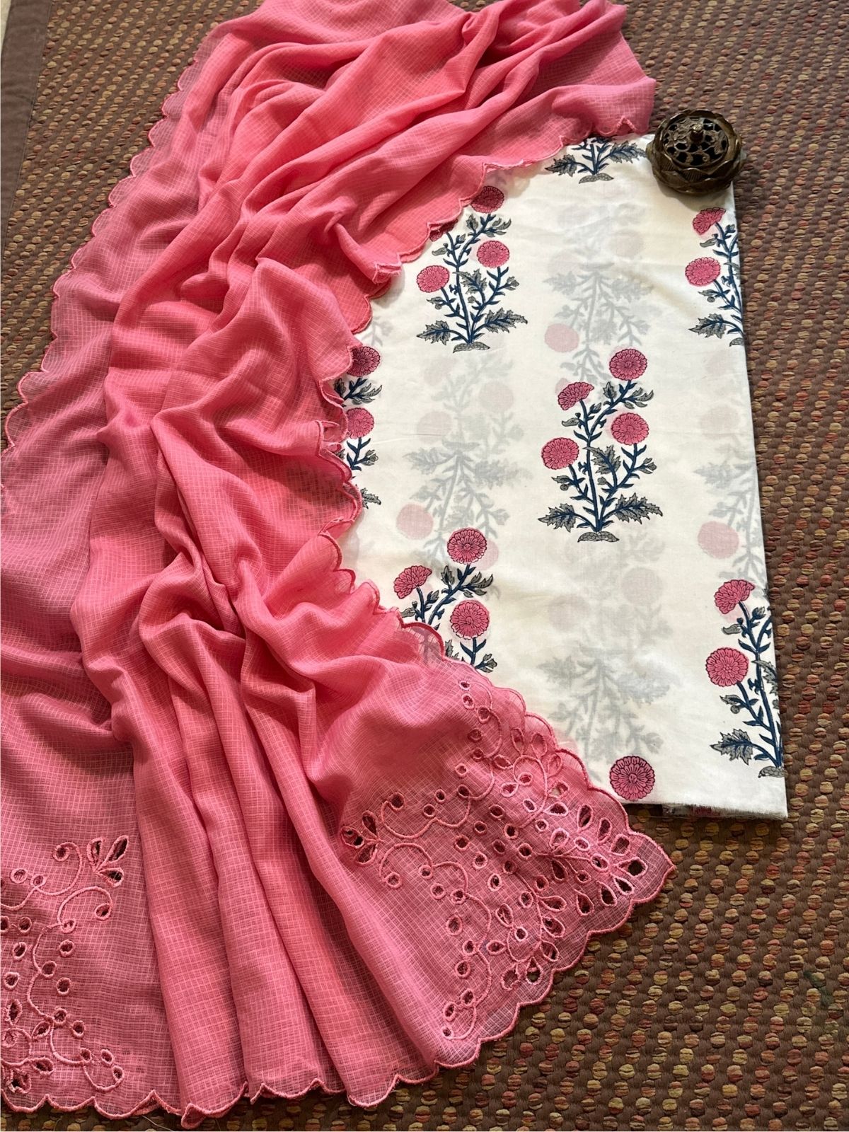 Pure Cotton Hand-blocked Fabric Set with Cutwork Kota Doria Dupatta