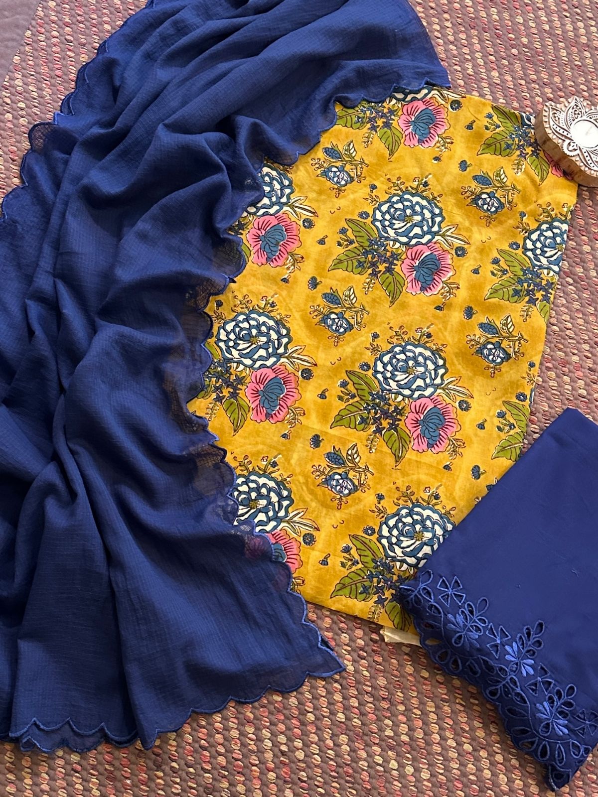 Pure Cotton Malmal Hand-blocked Fabric with Cutwork Bottom & Kota Doria Dupatta