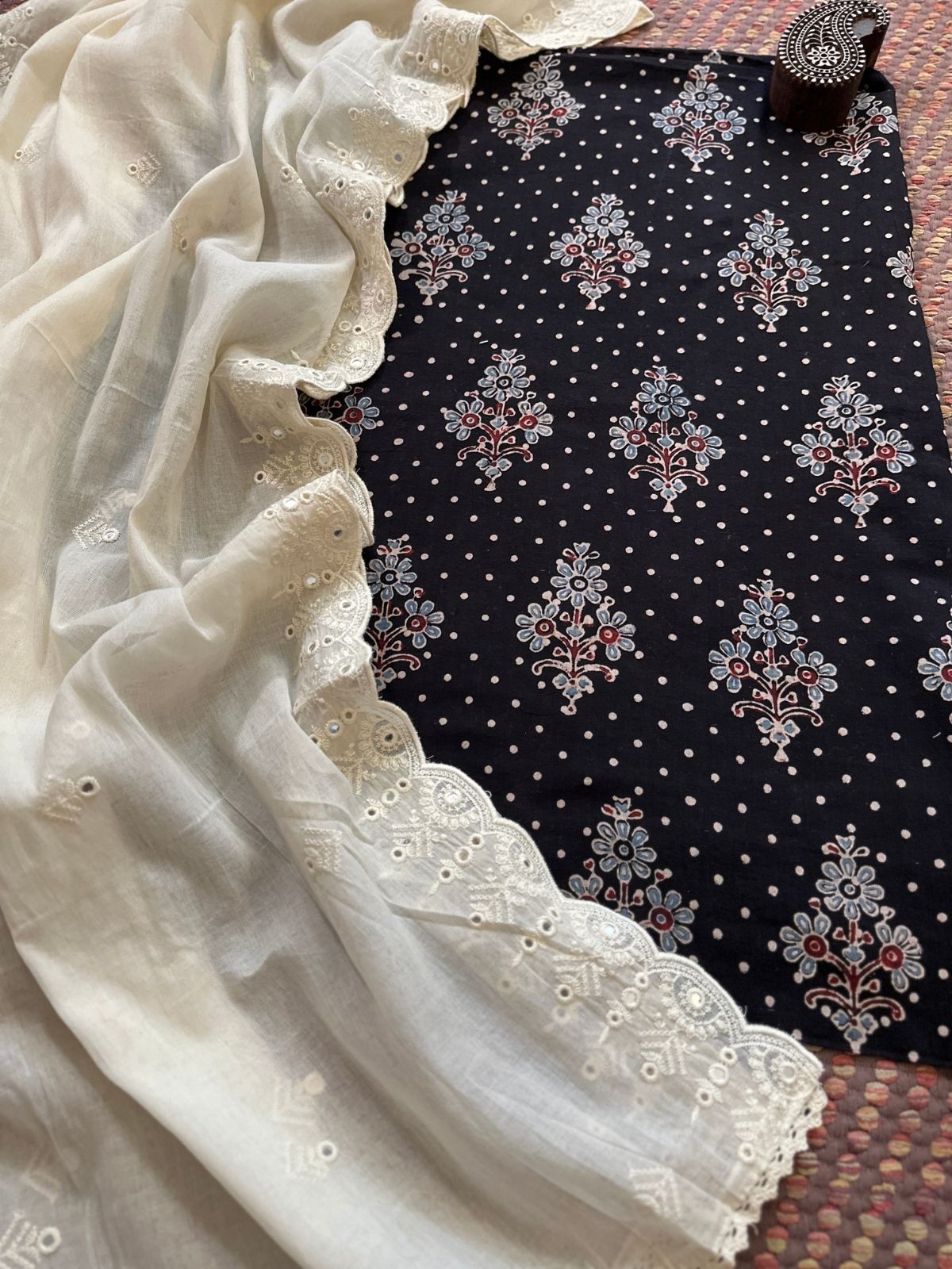 Ajrakh handblocked pure cotton mamal fabric with soft cotton Dupatta