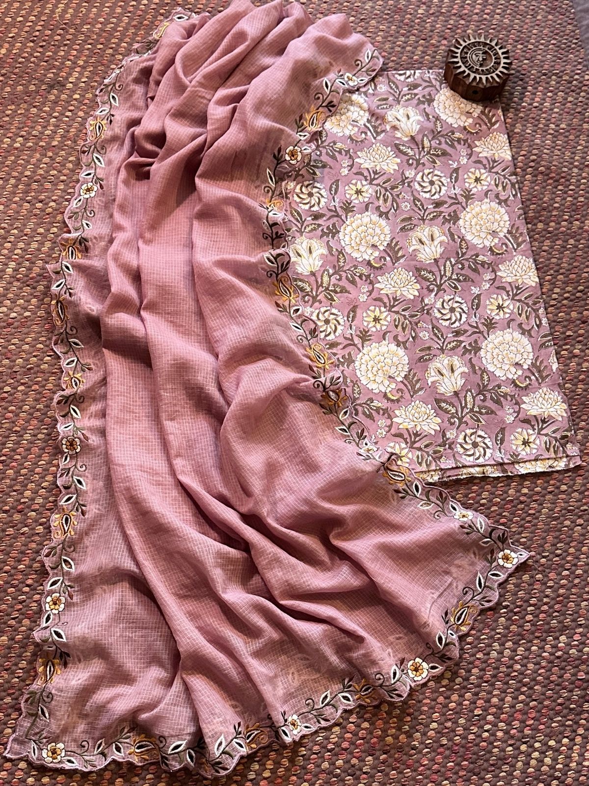 Pure Cotton Handblock Fabric with Cutwork Embroidered Dupatta