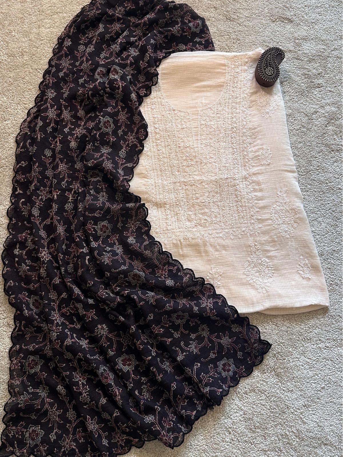Chikankari Hand Embroidered Fabric with Ajrak Hadblocked Kota Dupatta