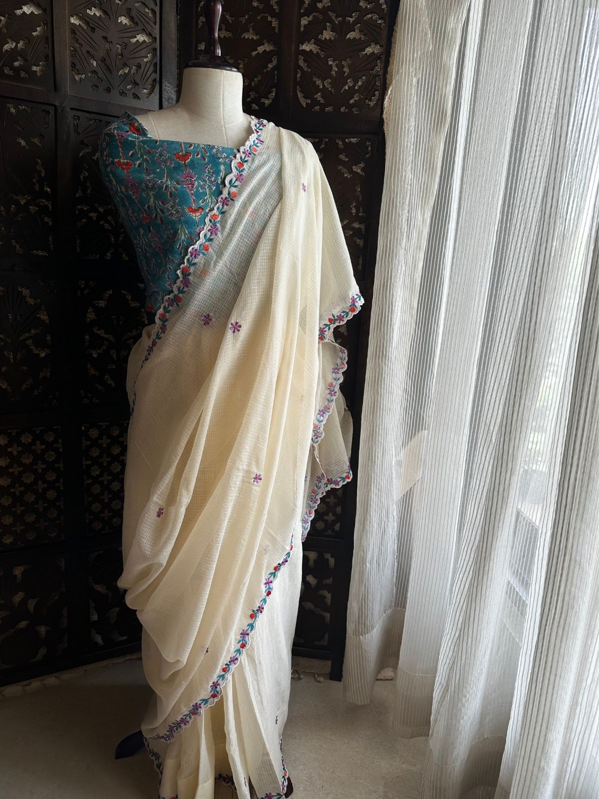 Kota Doria Embroidered Saree with Hand Block Blouse fabric
