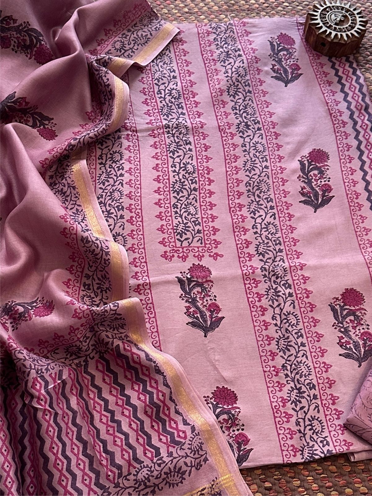 Hand-blocked Maheswari Unstitched Set