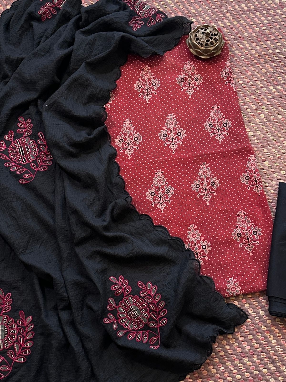 Ajrakh Cotton Malmal Unstitched Set with Applique Kota Dupatta