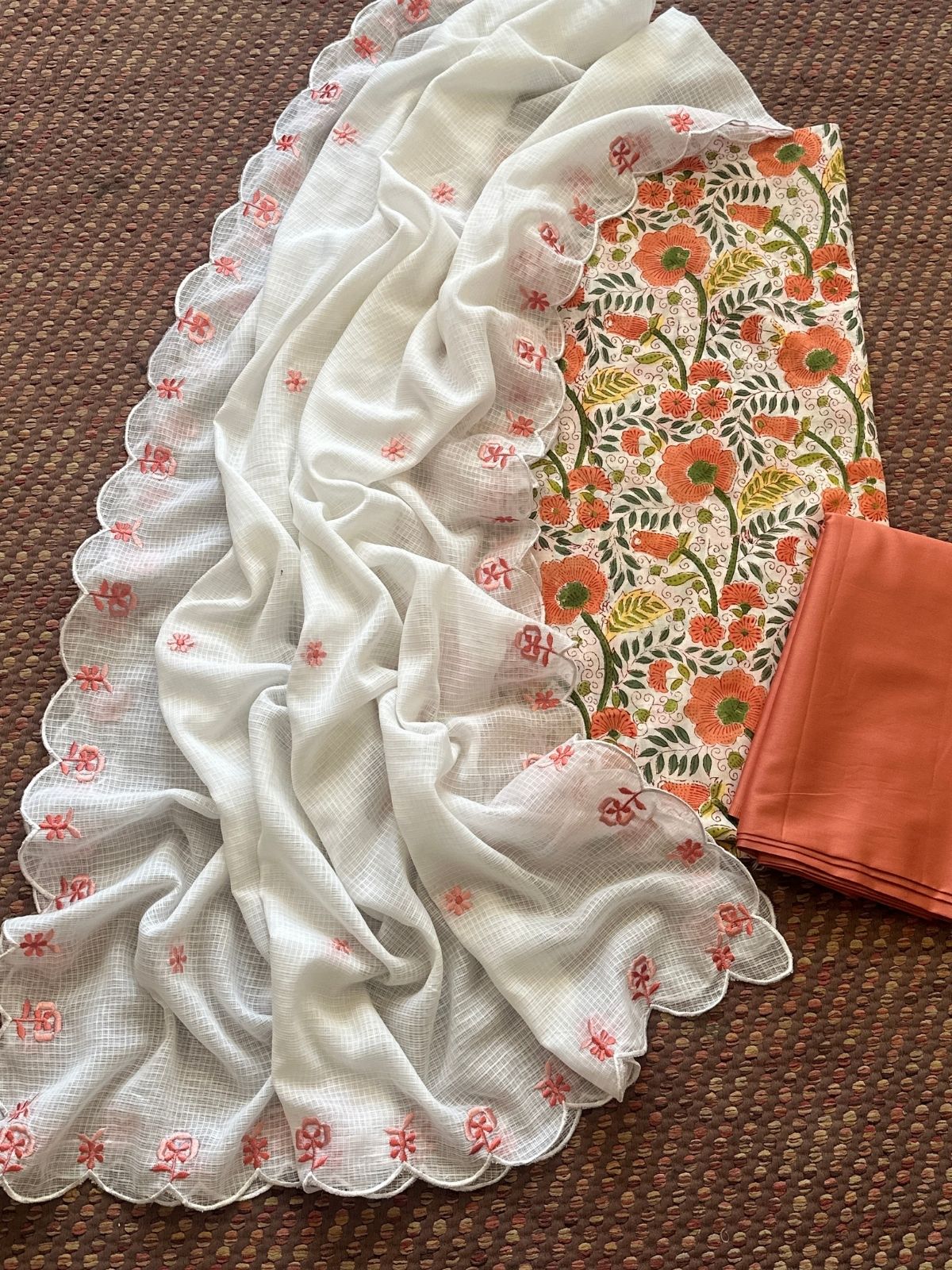 Pure Cotton Hand-blocked Set with Embroidered Dupatta