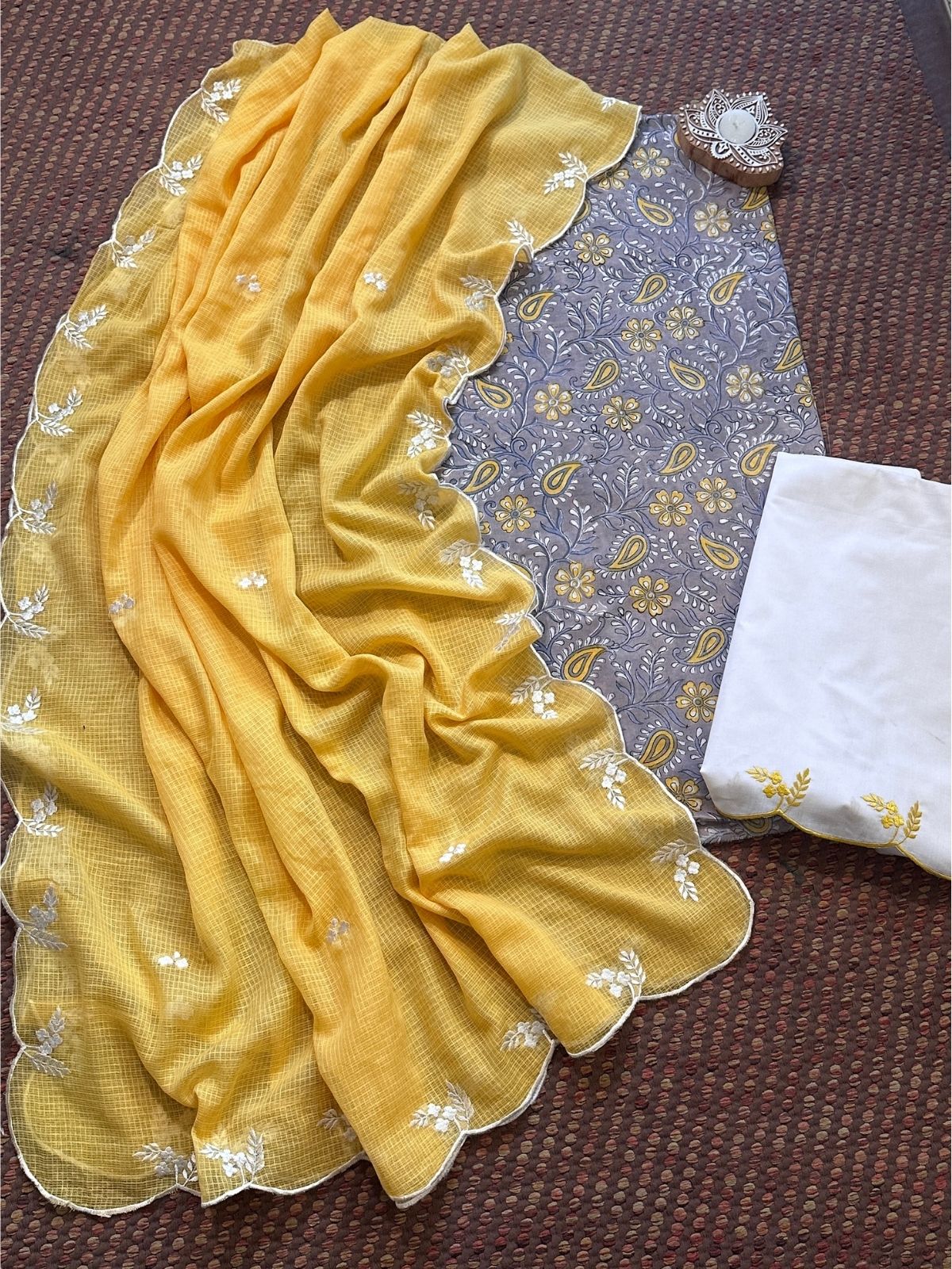 Pure Cotton Hand-block Fabric with Embroidered Bottom & Kota Doria Dupatta