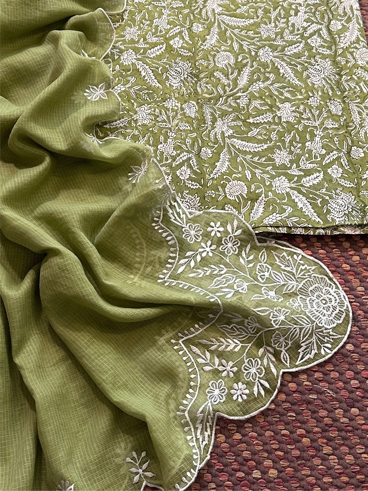 Pure Cotton Hand-blocked fabric set with Embroidered Dupatta
