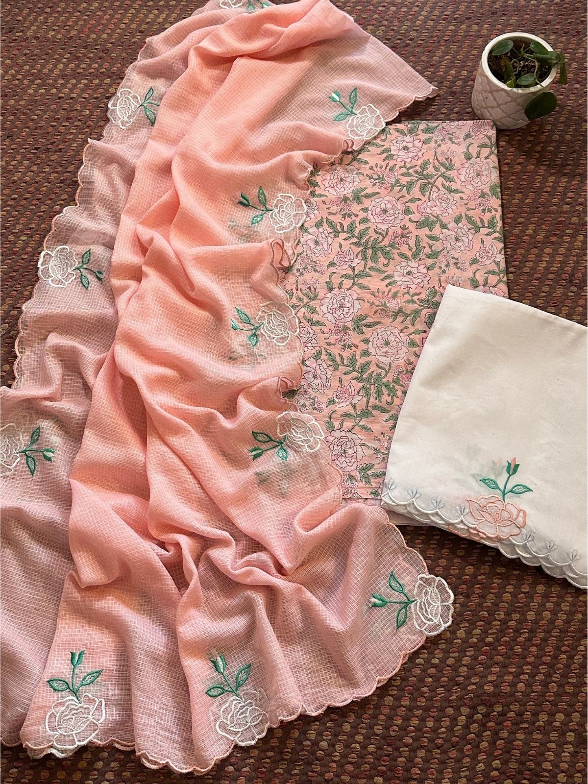 Pure Cotton Hand-block Fabric with Embroidered Bottom & Kota Doria Dupatta