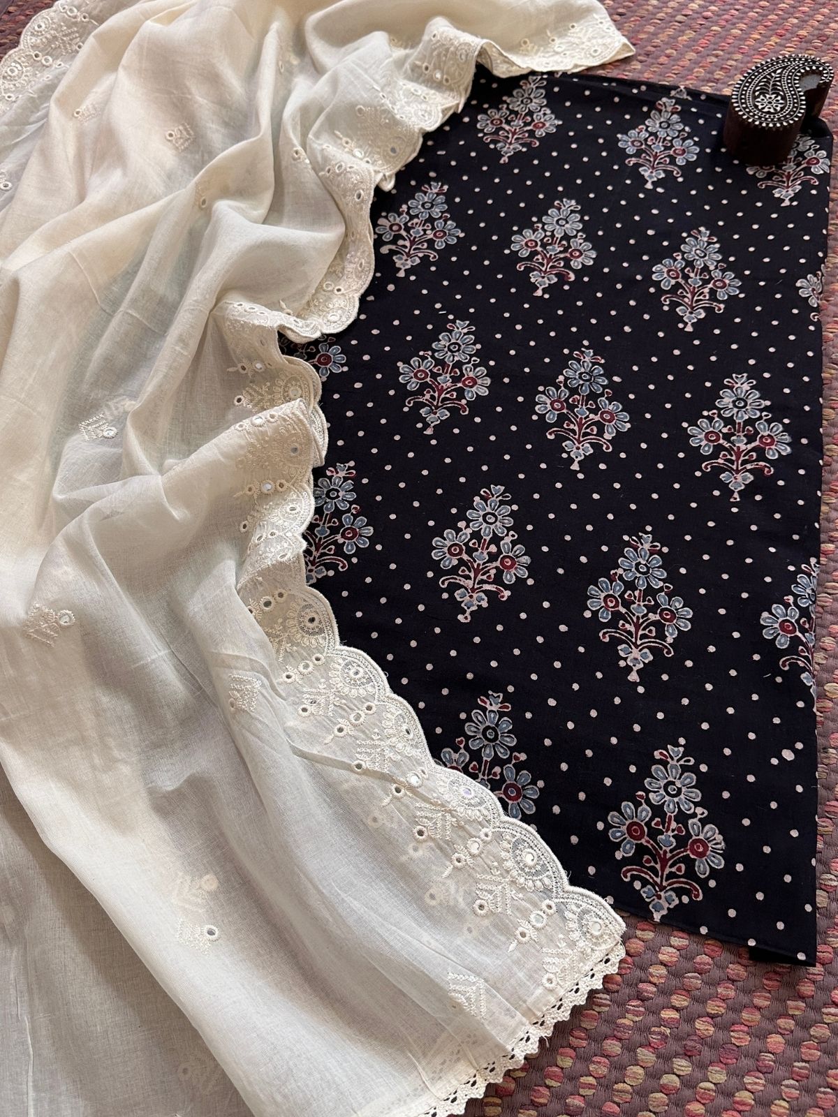 Ajrakh handblocked pure cotton mamal fabric with soft cotton Dupatta