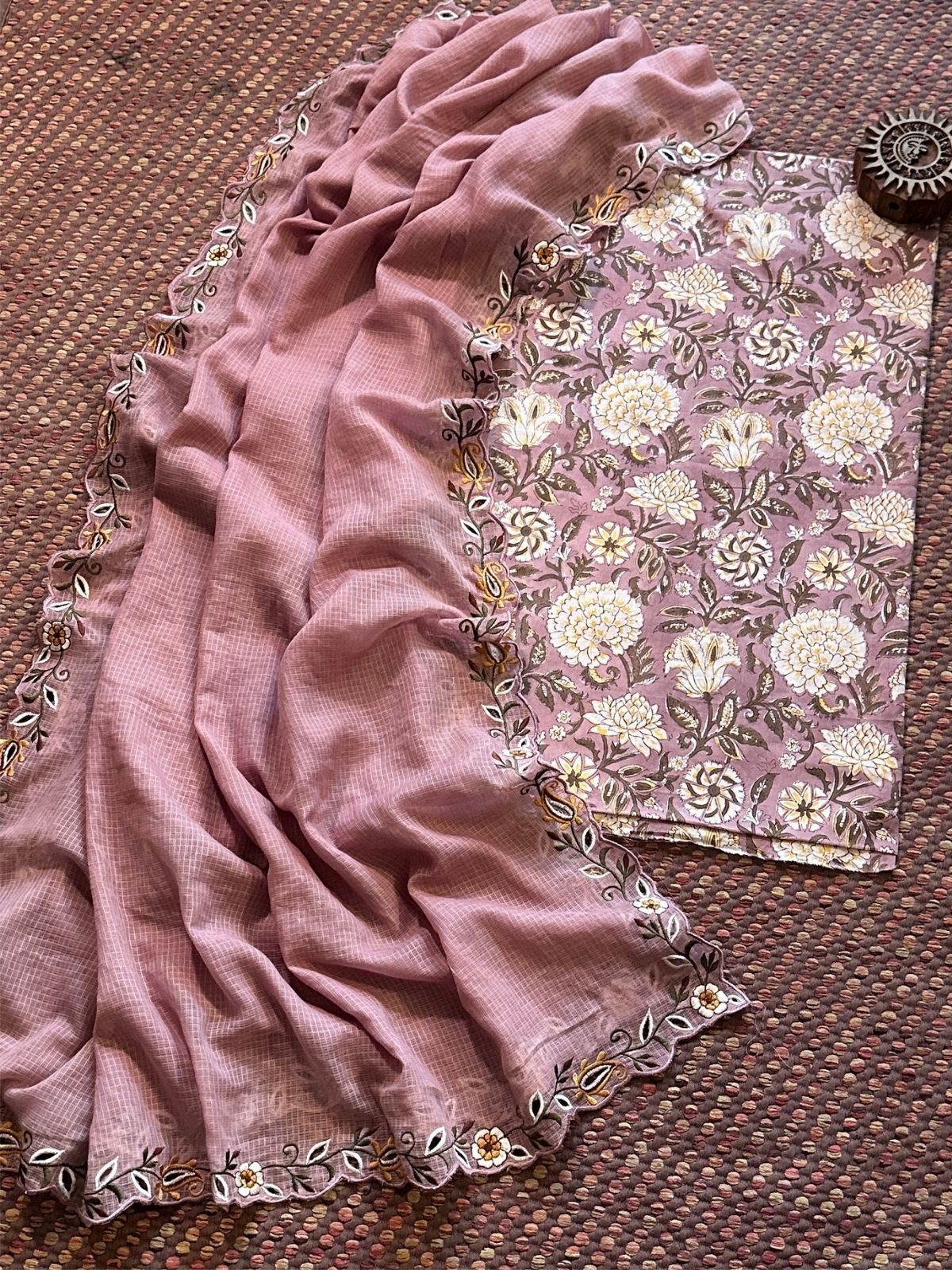 Pure Cotton Handblock Fabric with Cutwork Embroidered Dupatta