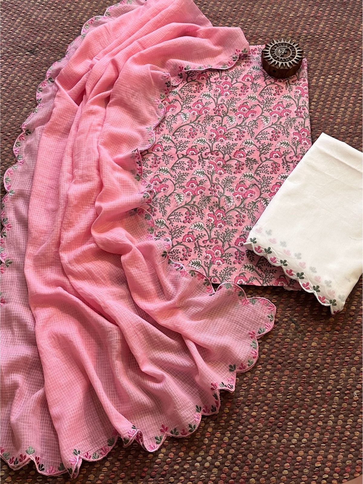 Pure Cotton Hand blocked Set with Embroidered Dupatta