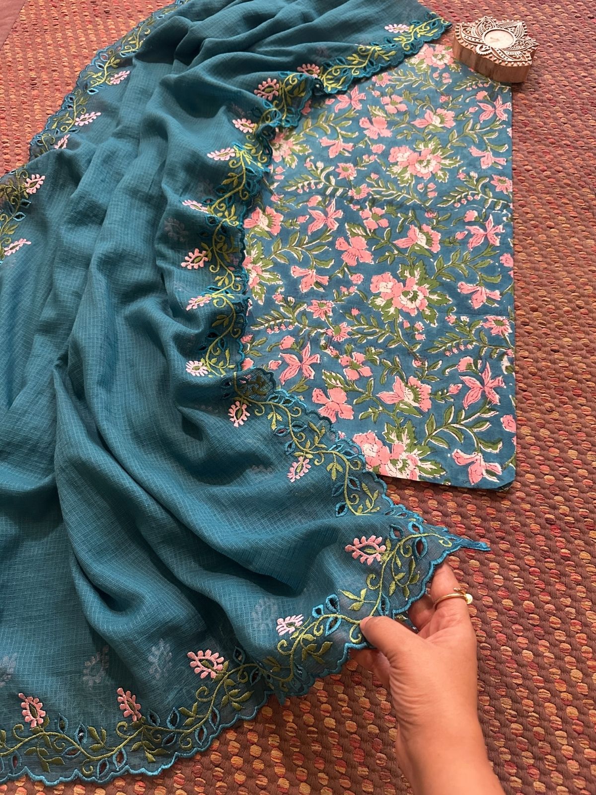 Pure Cotton Handblock Fabric with Cutwork Embroidered Dupatta