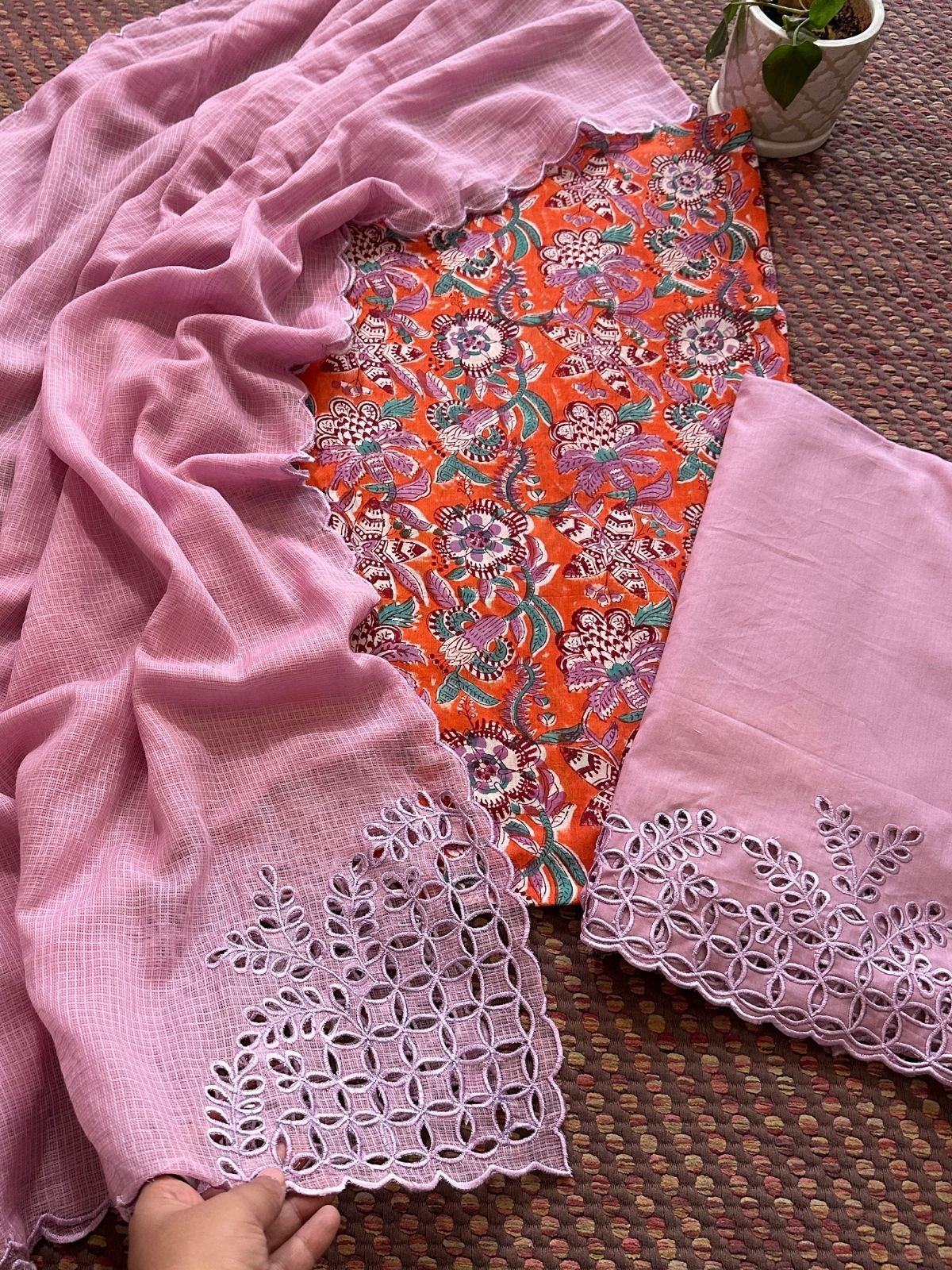 Pure Cotton Hand-blocked Fabric with Cutwork Bottom & Kota Doria Dupatta