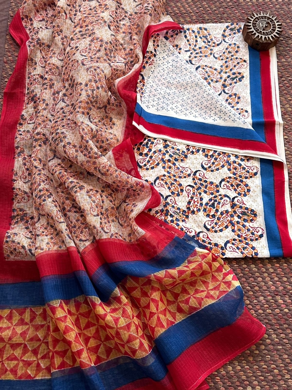 Pure Handblcoked Cotton Unstitched Set with Handblocked Kota Dupatta