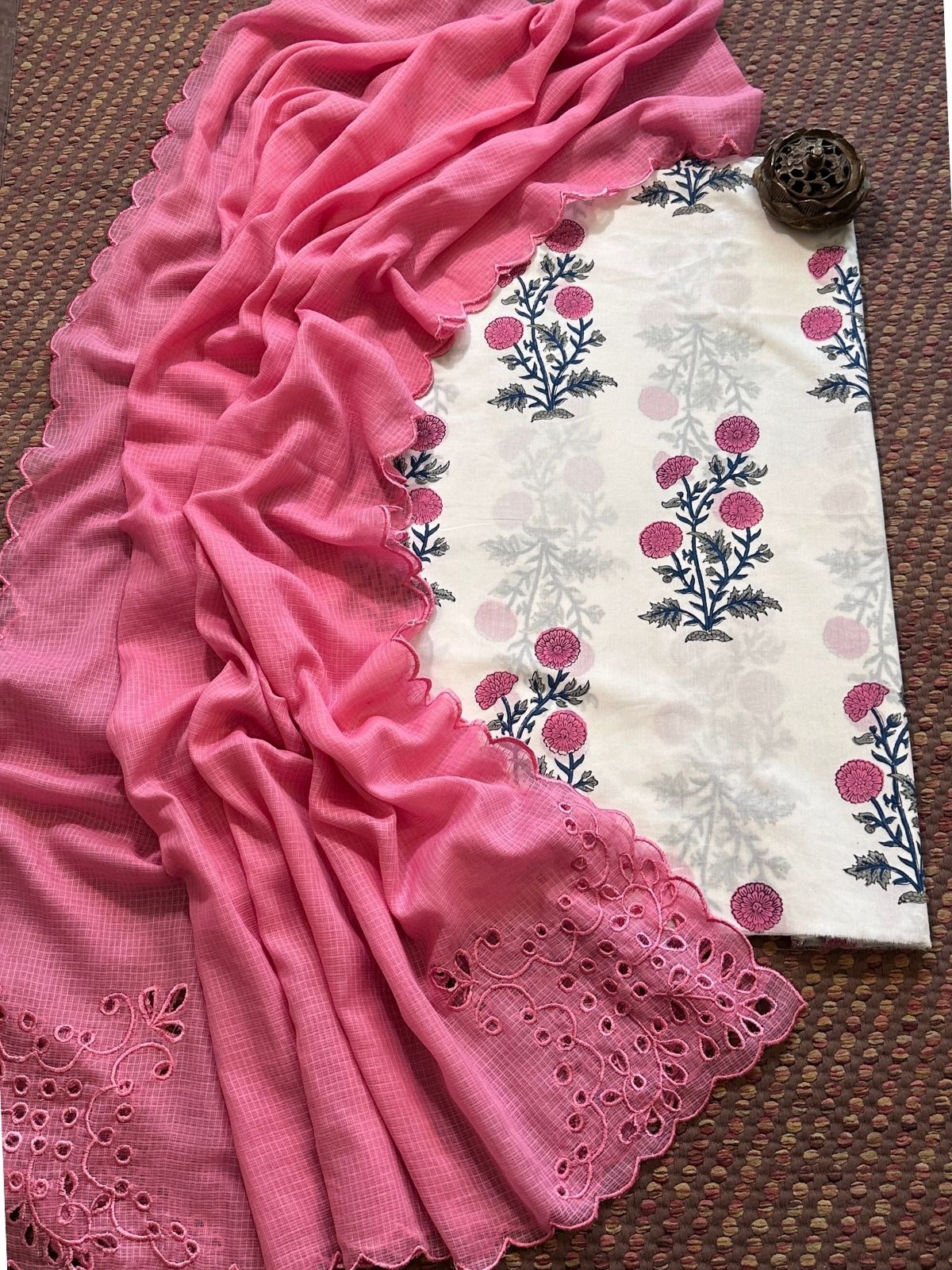 Pure Cotton Hand-blocked Fabric Set with Cutwork Kota Doria Dupatta