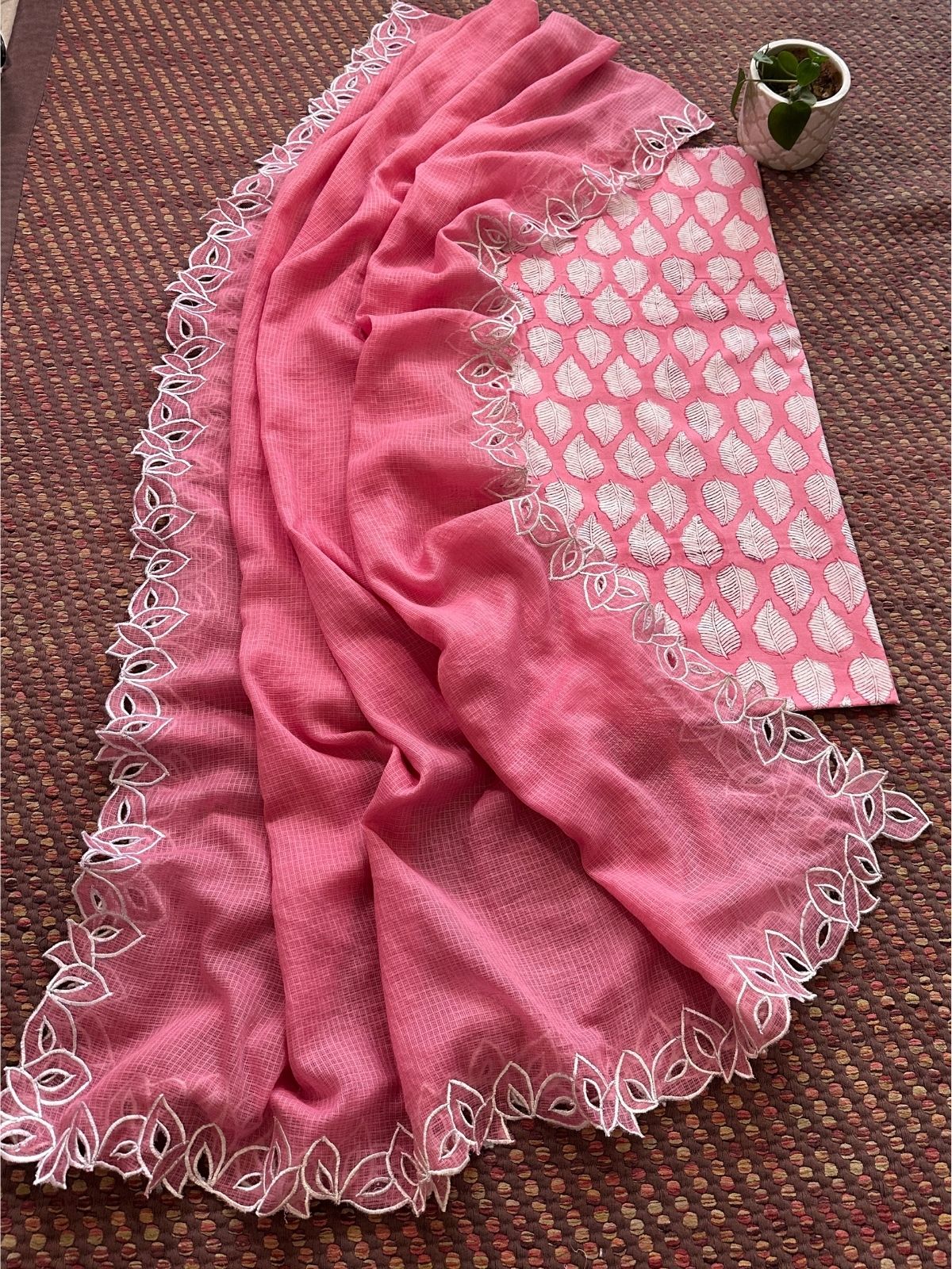 Pure Cotton Handblock Fabric with Cutwork Embroidered Dupatta