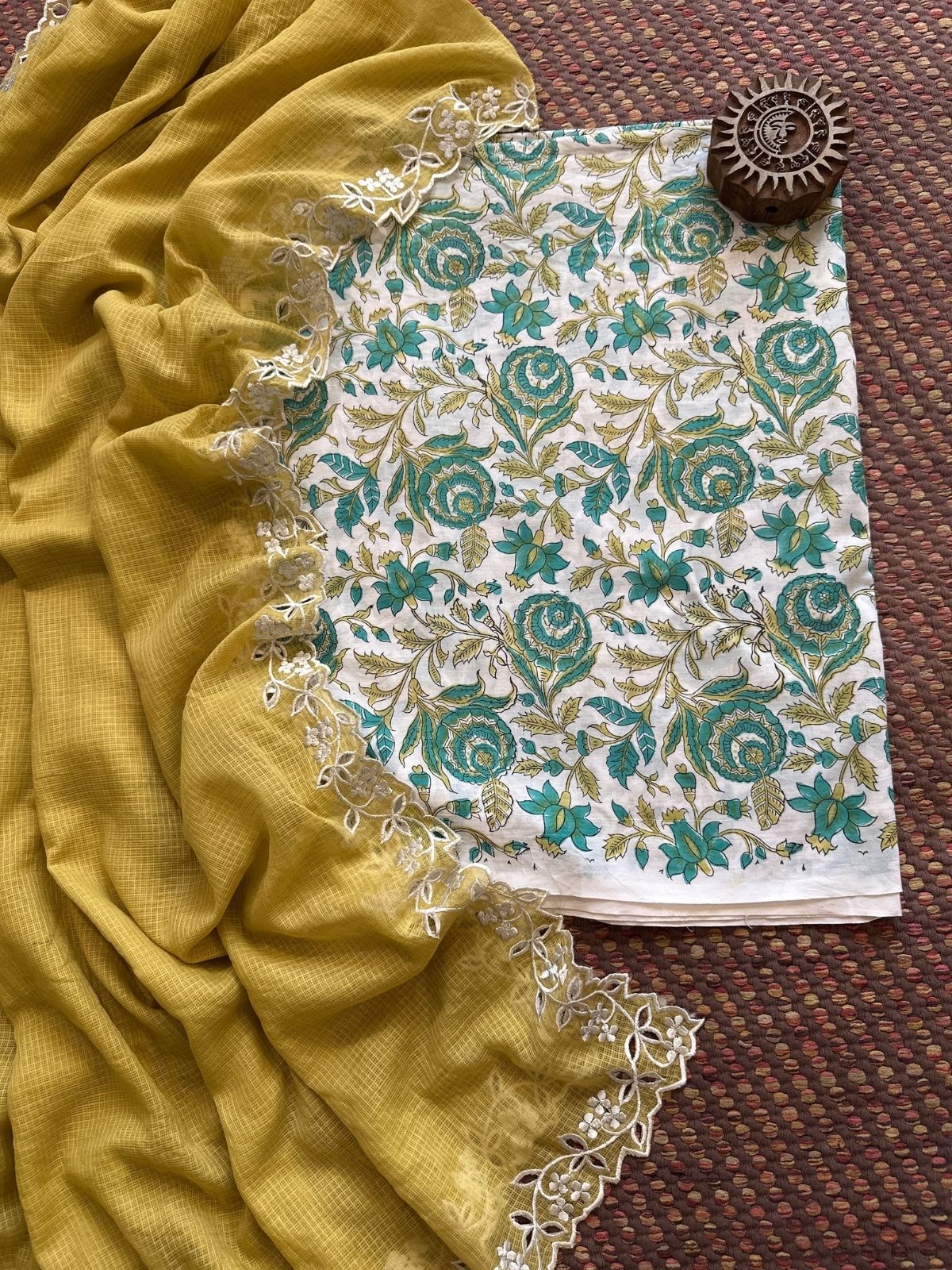 Pure Cotton Handblock Fabric with Cutwork Embroidered Dupatta
