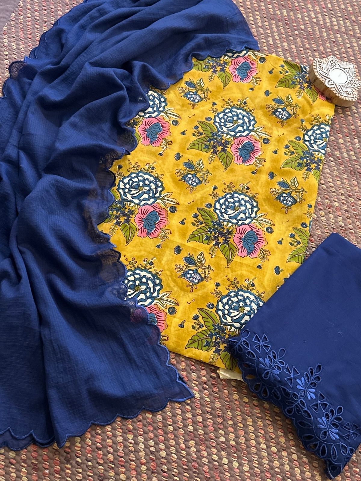 Pure Cotton Malmal Hand-blocked Fabric with Cutwork Bottom & Kota Doria Dupatta