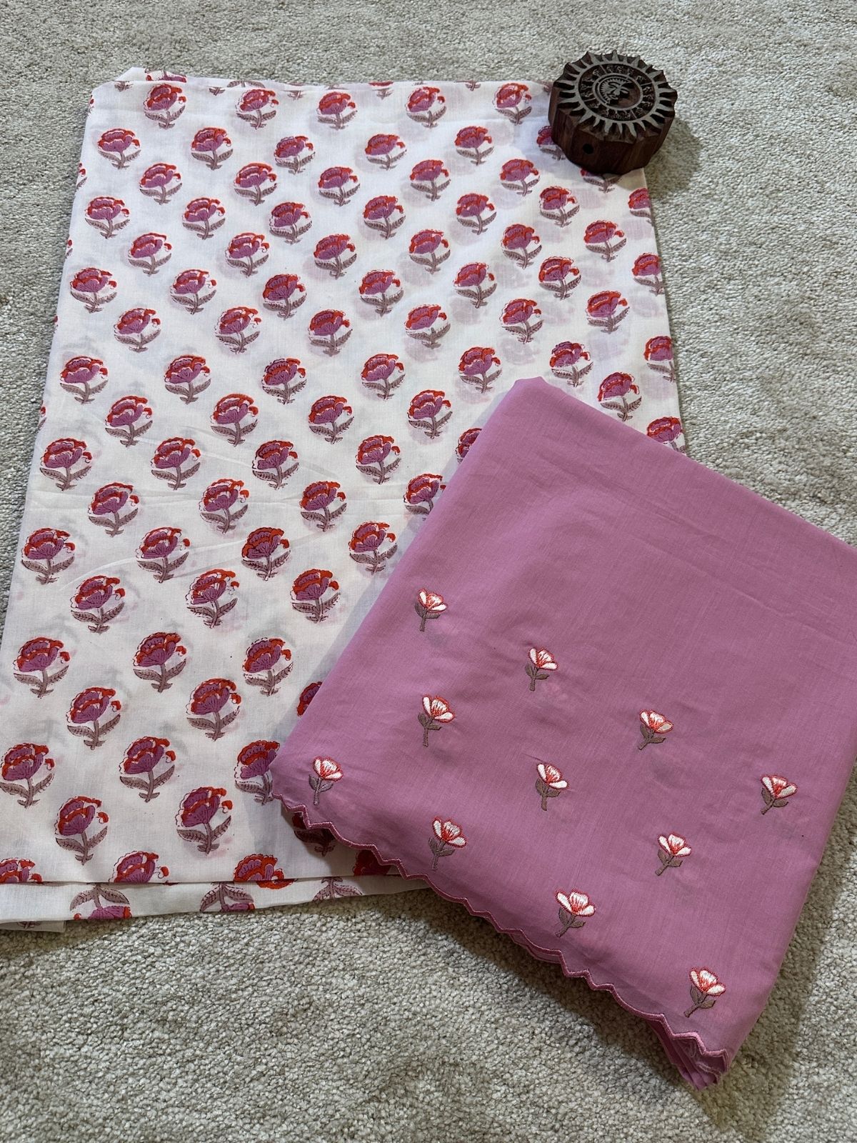 Pure Cotton Hand-blocked Fabric with Embroidered Bottom