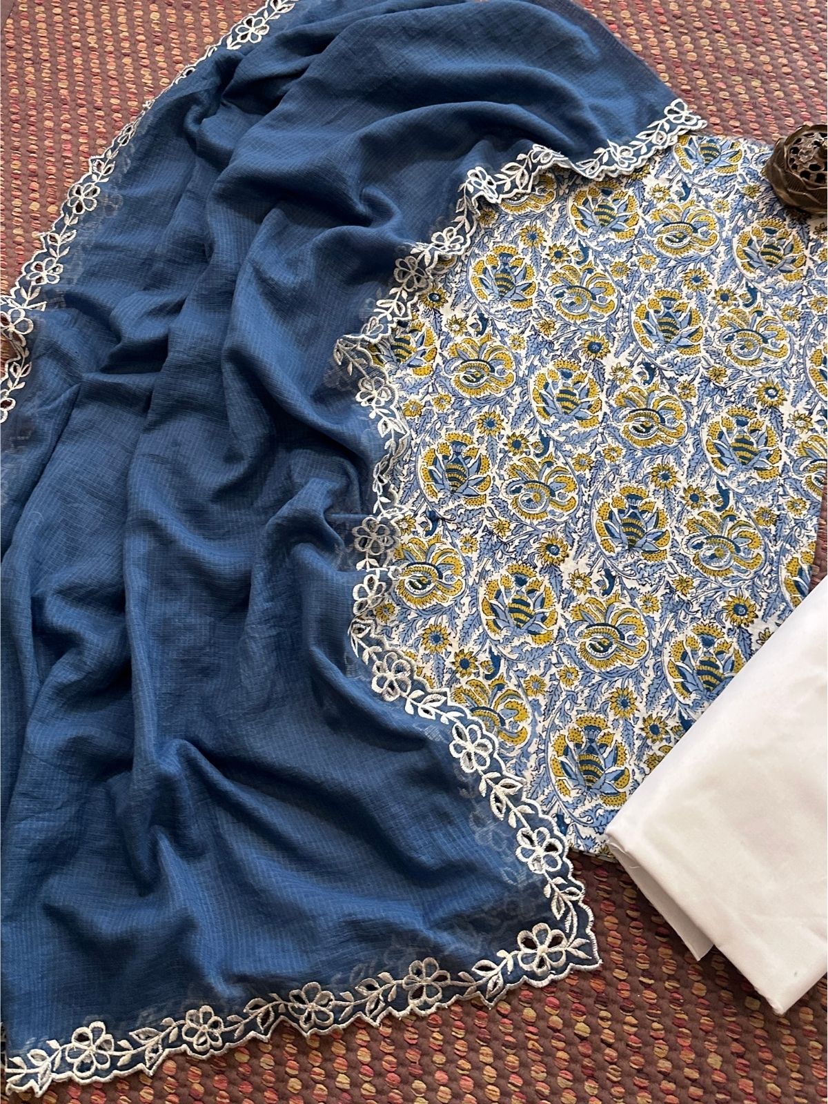 Pure Cotton Malmal Hand-block Fabric set with Cutwork Embroidered Kota Doria Dupatta