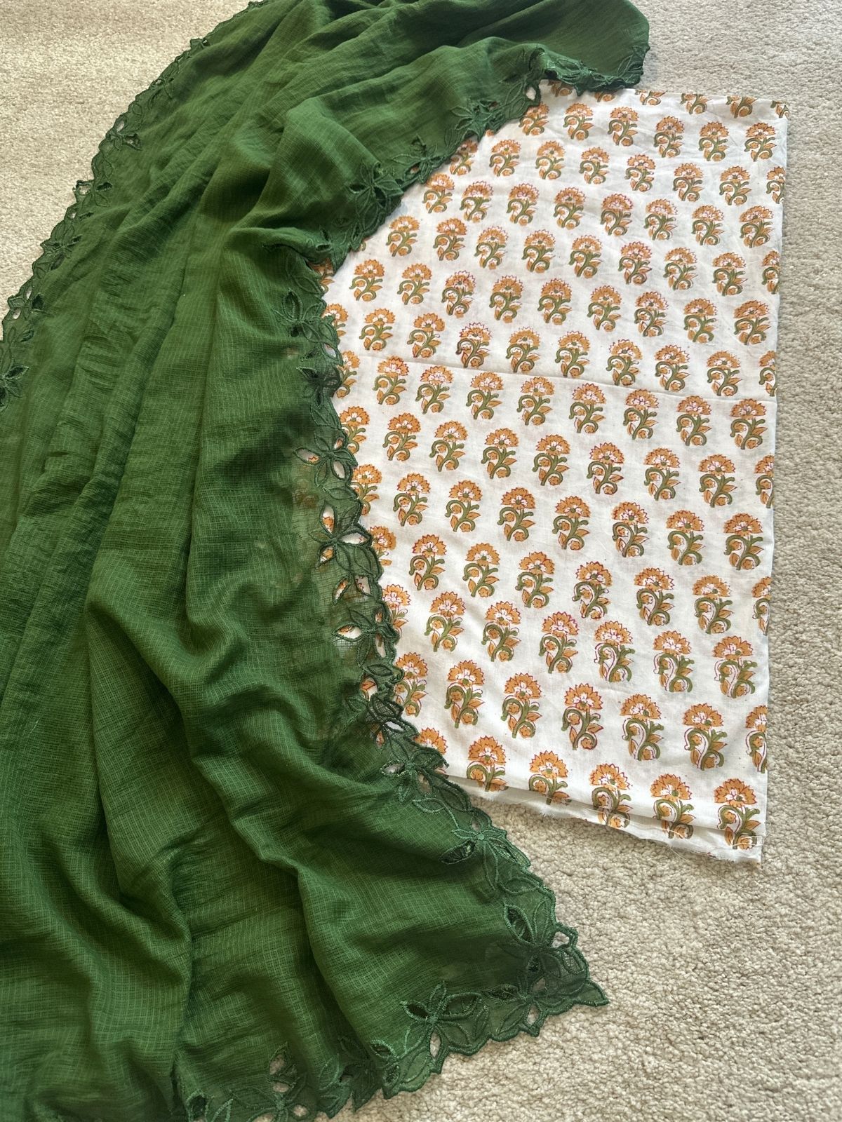 Dhara Set- Handblock Fabric with Cutwork Embroidered Dupatta