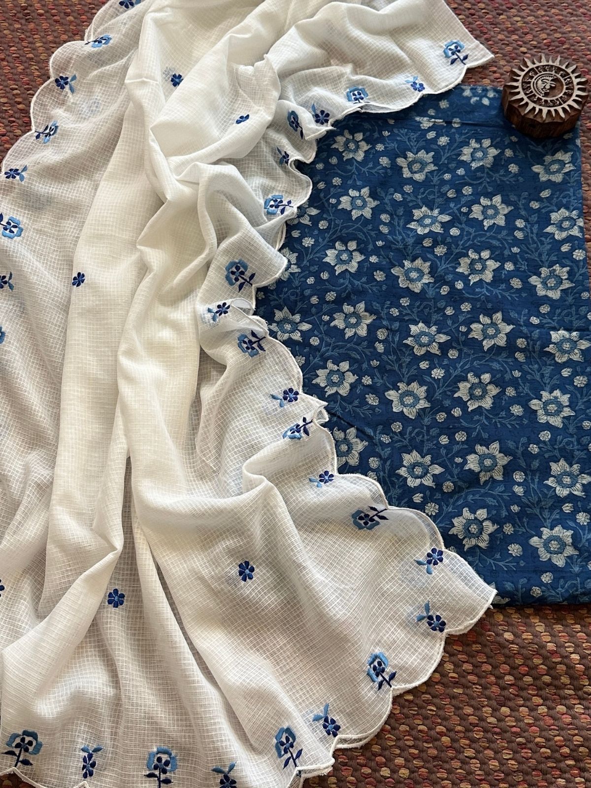Pure Cotton Indigo Hand-block Fabric with Exclusive Embroidered Kota Doria Dupatta