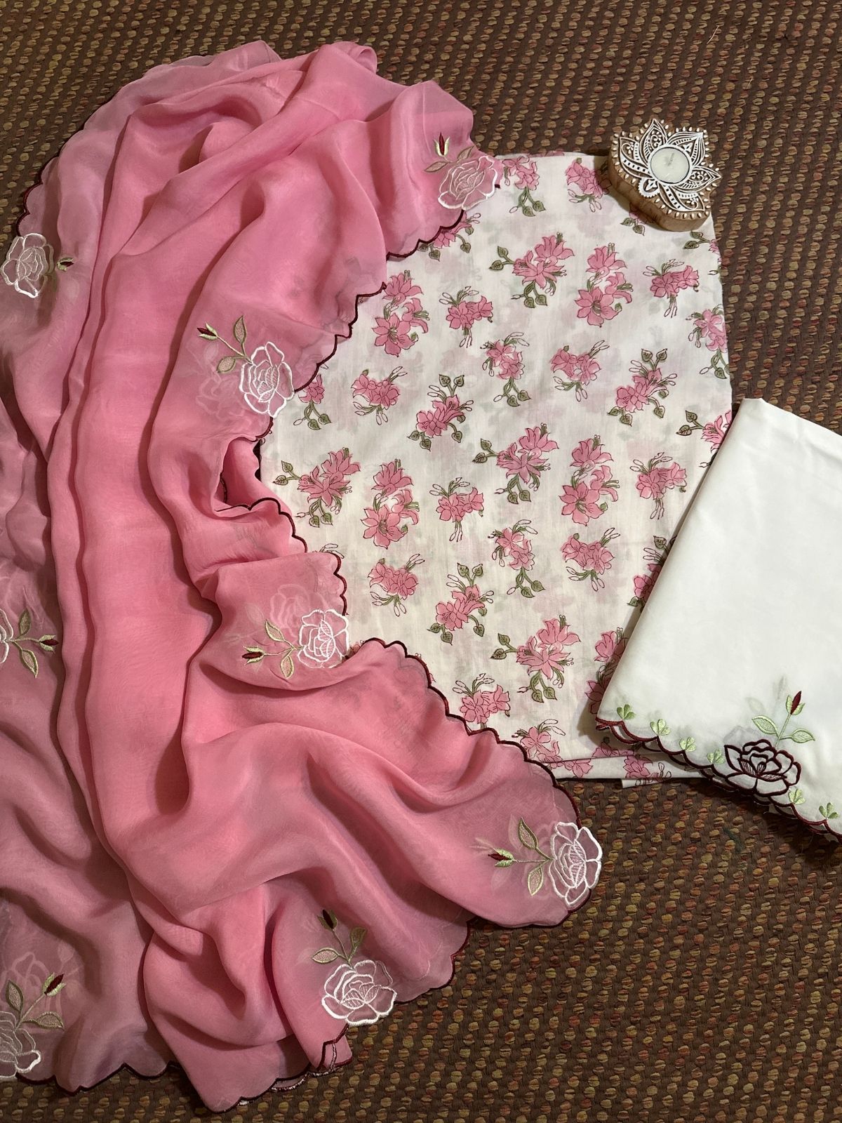 Pure Cotton Handblocked unstitched fabric with Embroidered Organza Dupatta & cotton cambric bottom.