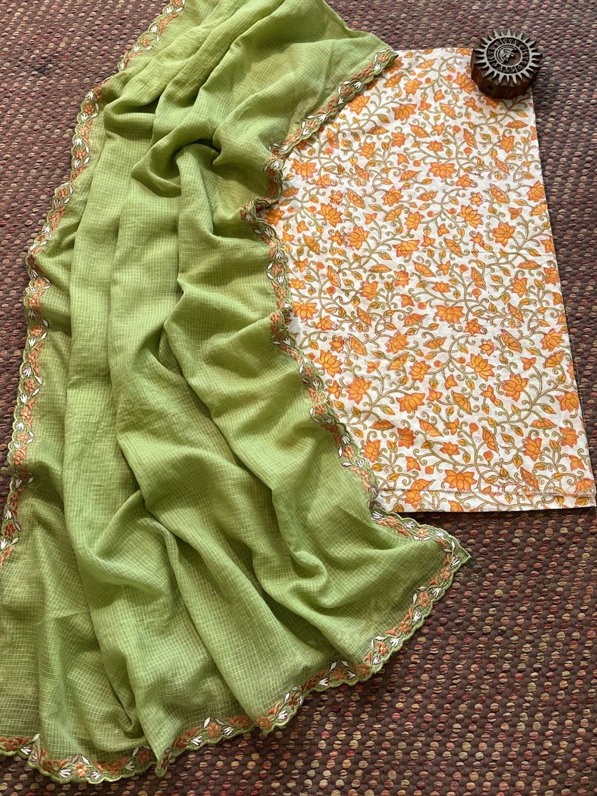 Pure Cotton Hand-blocked Fabric with Exclusive Embroidered Dupatta