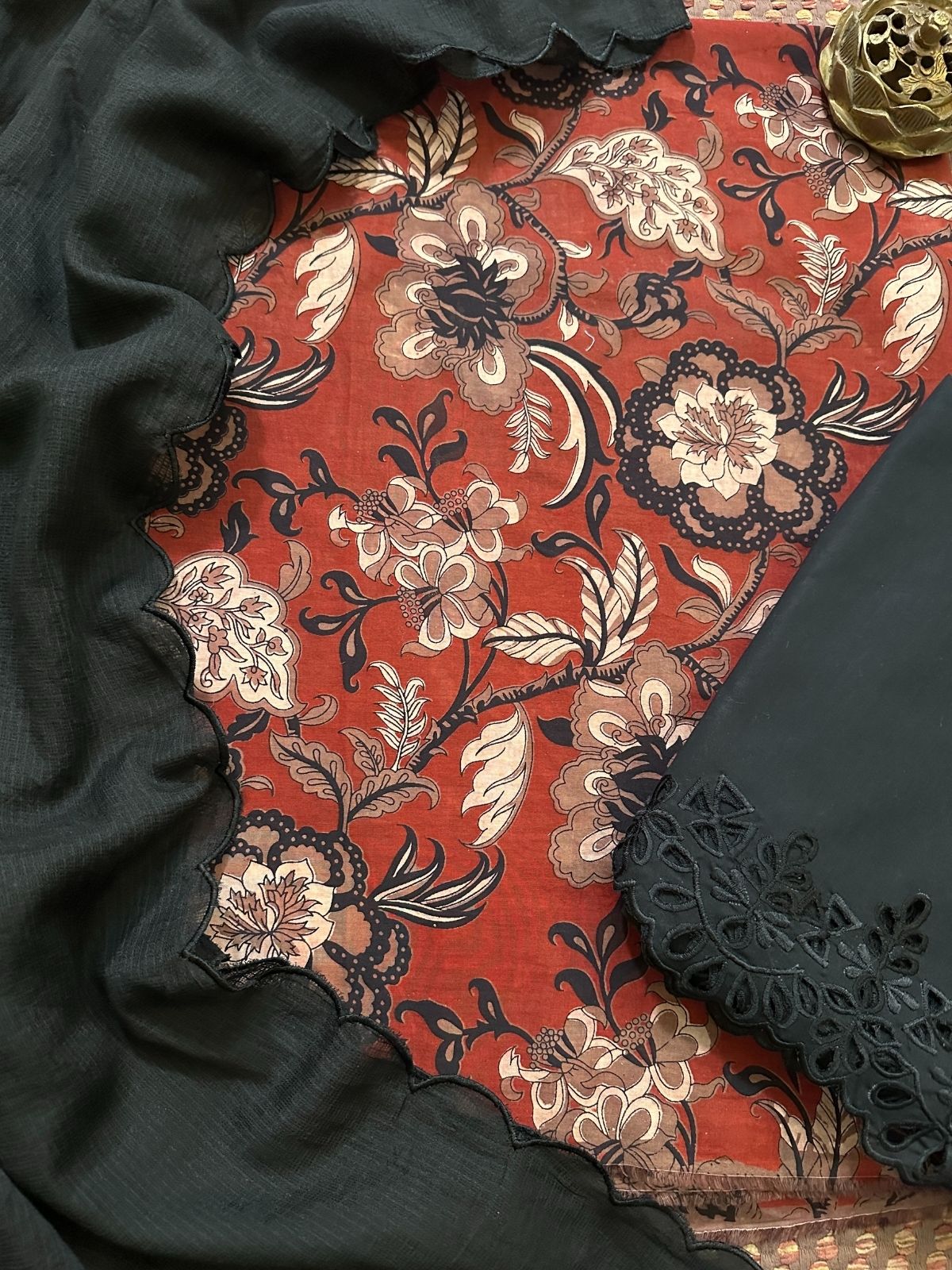 Pure Cotton Premium Malmal Unstitched Set with Cutwork Bottom