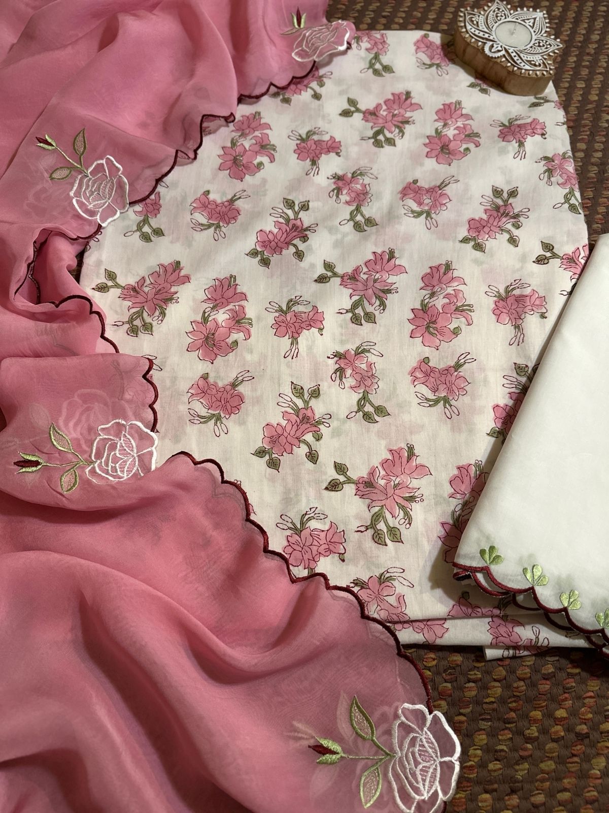 Pure Cotton Handblocked unstitched fabric with Embroidered Organza Dupatta & cotton cambric bottom.