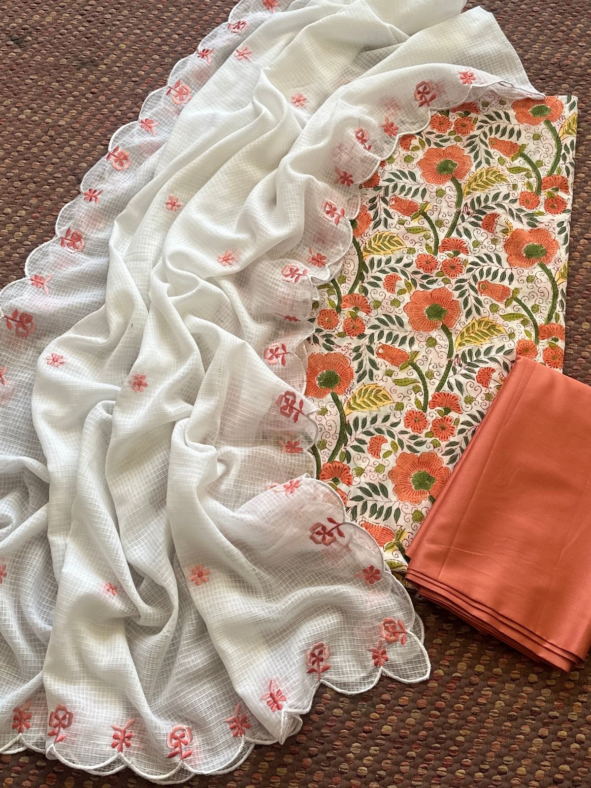 Pure Cotton Hand-blocked Set with Embroidered Dupatta