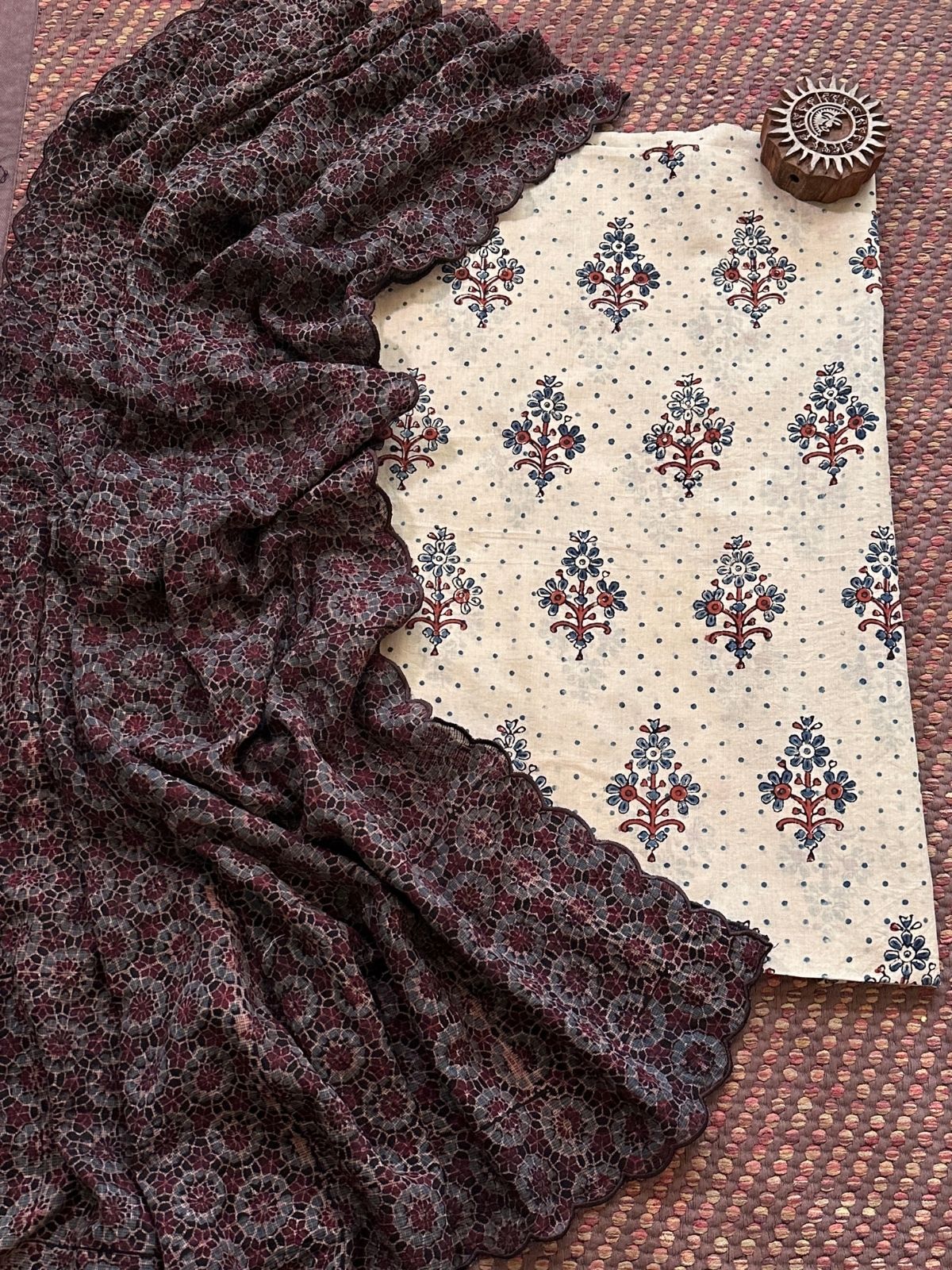Ajrakh Cotton Malmal Handblocked Set- Top & Dupatta