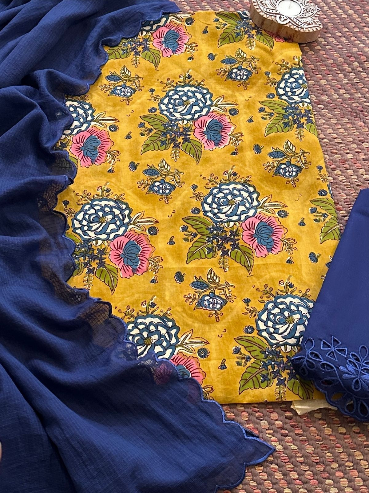 Pure Cotton Malmal Hand-blocked Fabric with Cutwork Bottom & Kota Doria Dupatta