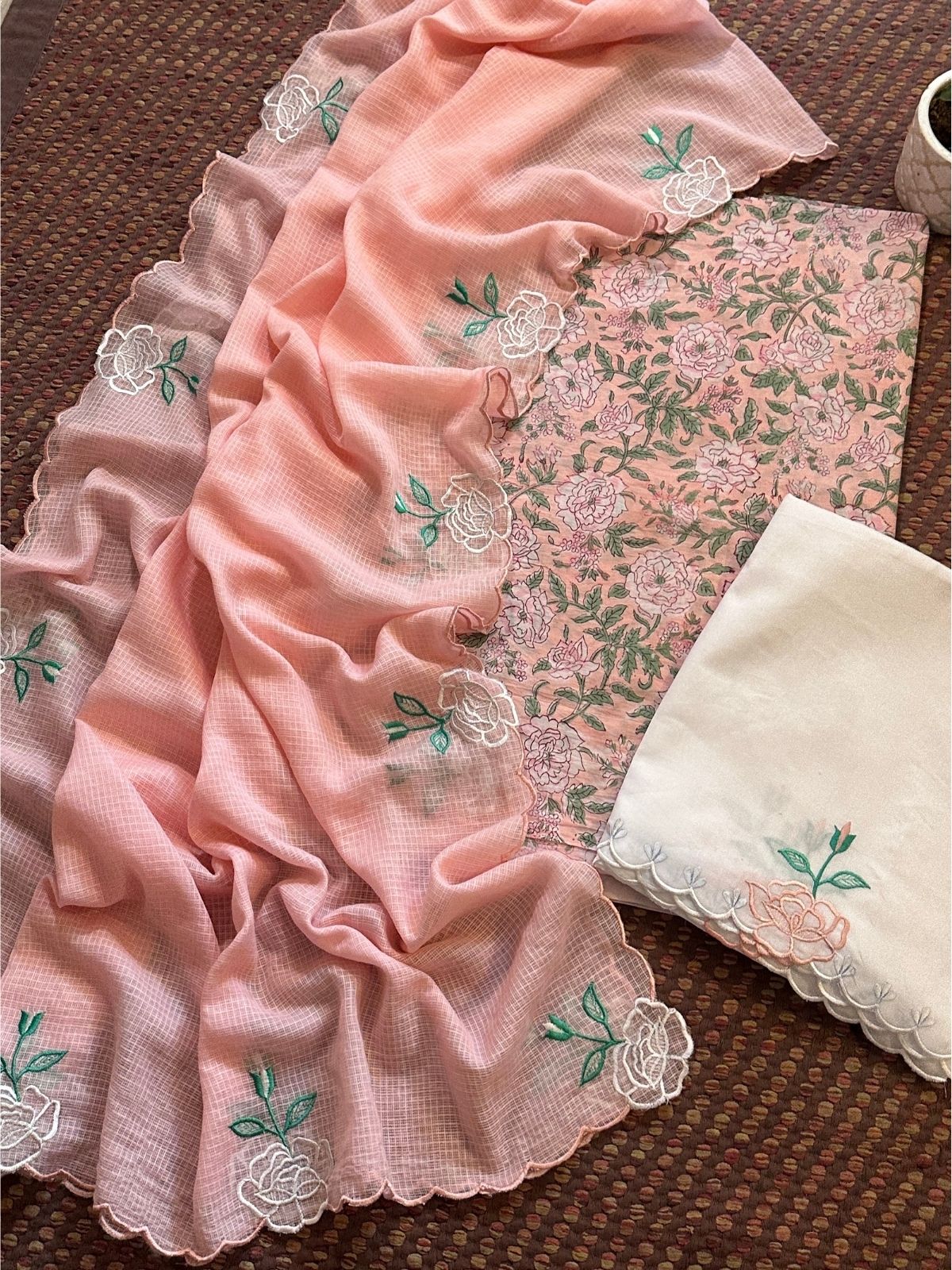 Pure Cotton Hand-block Fabric with Embroidered Bottom & Kota Doria Dupatta