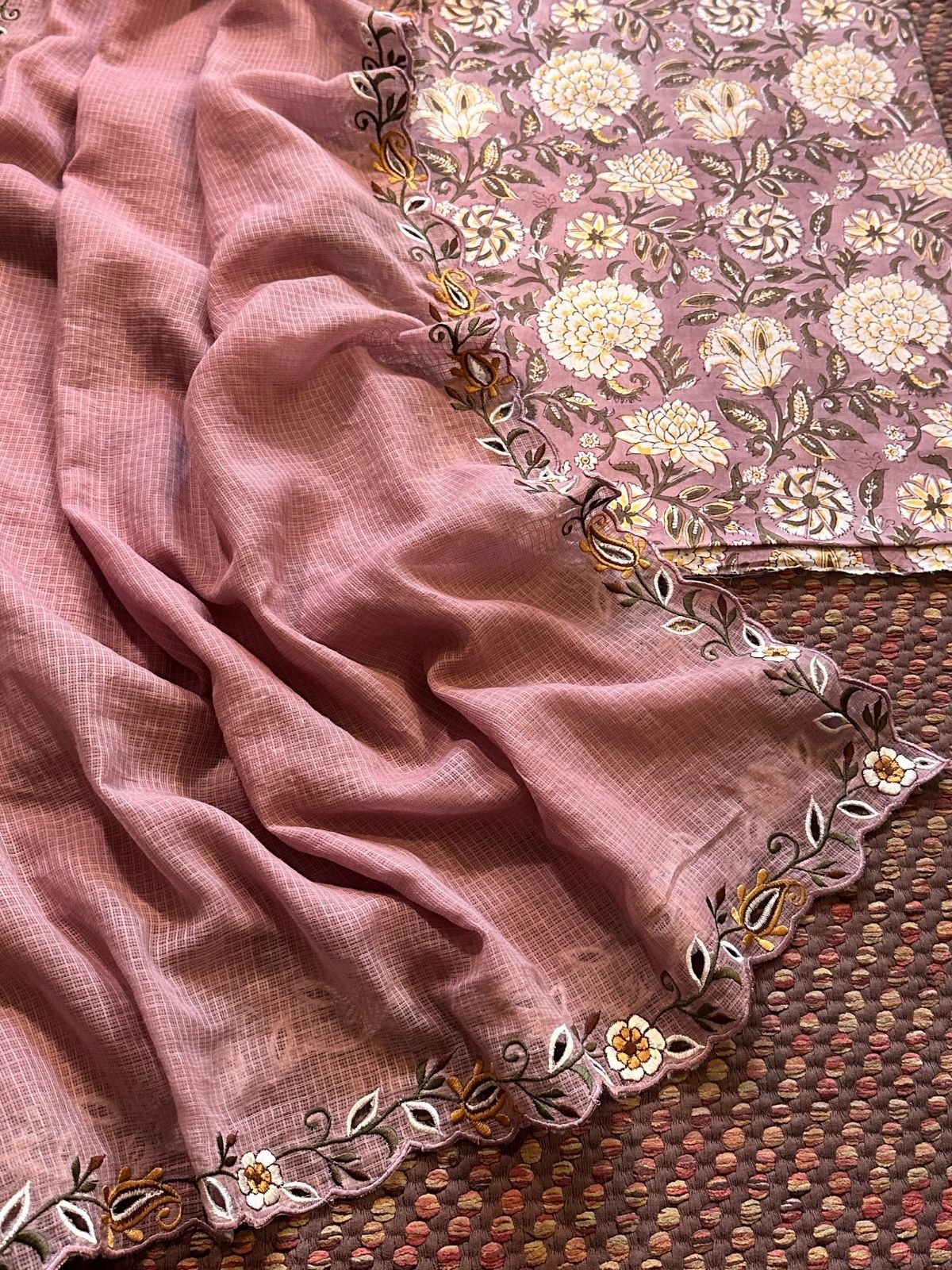 Pure Cotton Handblock Fabric with Cutwork Embroidered Dupatta