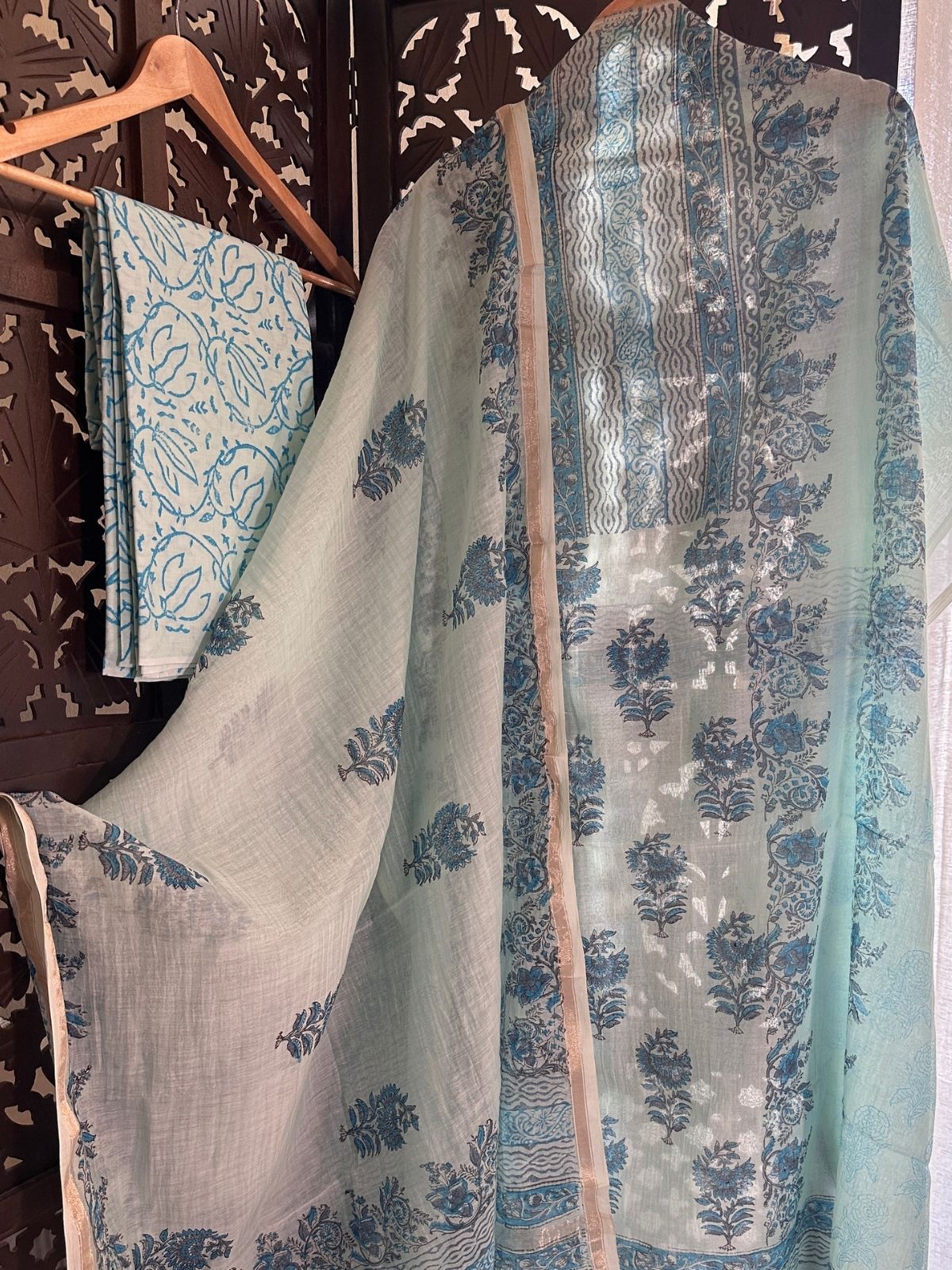 Premium Hand-blocked Malmal Maheswari Unstitched Set