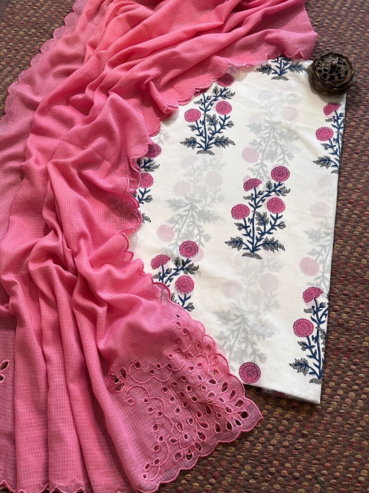 Pure Cotton Hand-blocked Fabric Set with Cutwork Kota Doria Dupatta