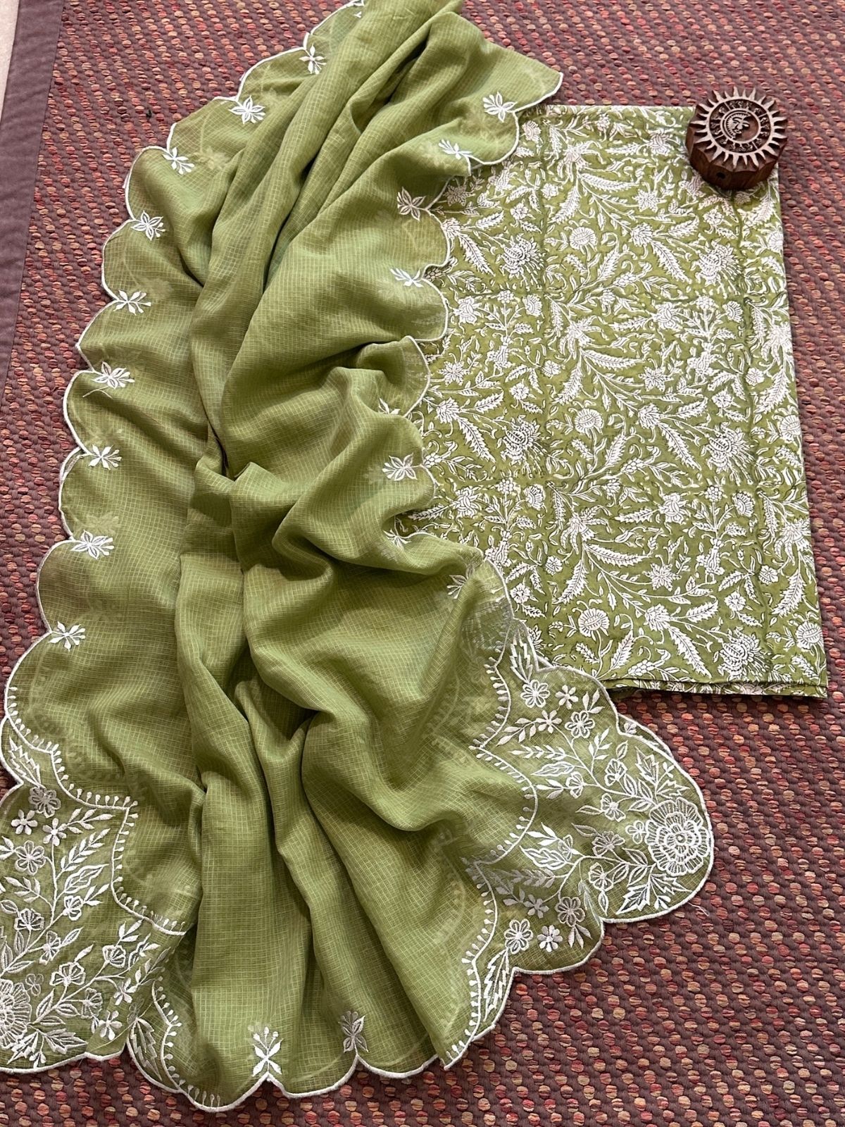 Pure Cotton Hand-blocked fabric set with Embroidered Dupatta